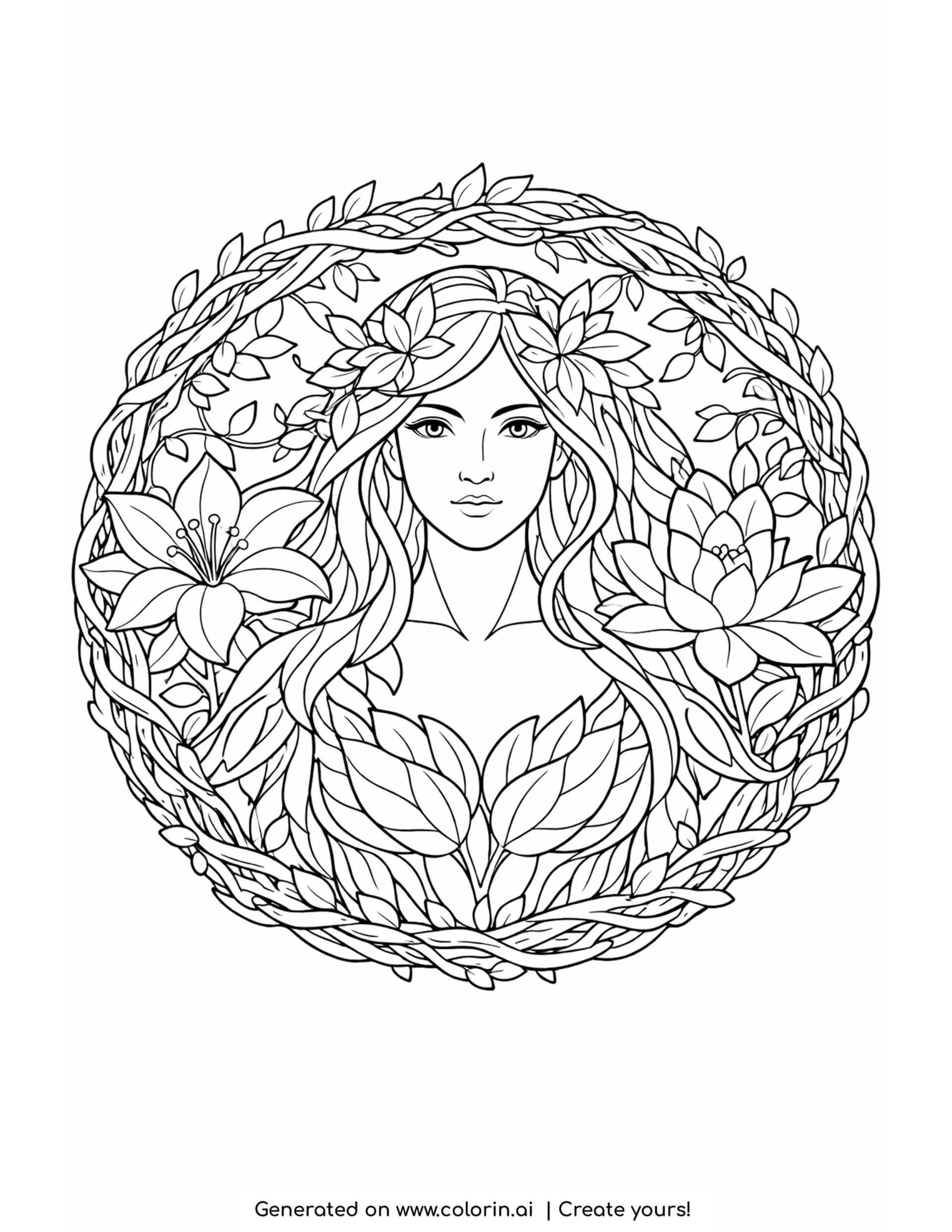 goddess surrounded by woven branches coloring page with flowers and leafy wreath