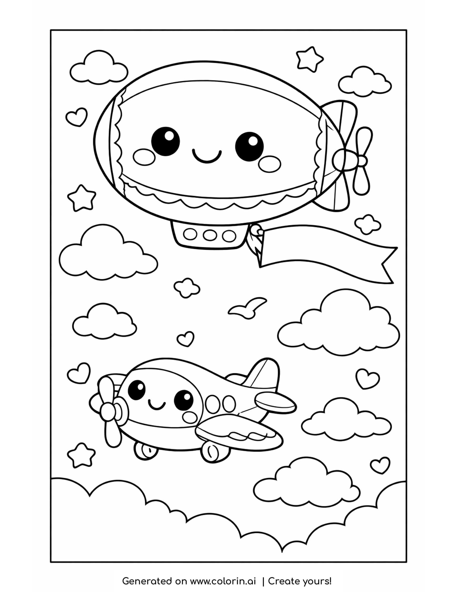 blimp coloring pages — smiling blimp with a scalloped hull trailing a blank banner over a small plane