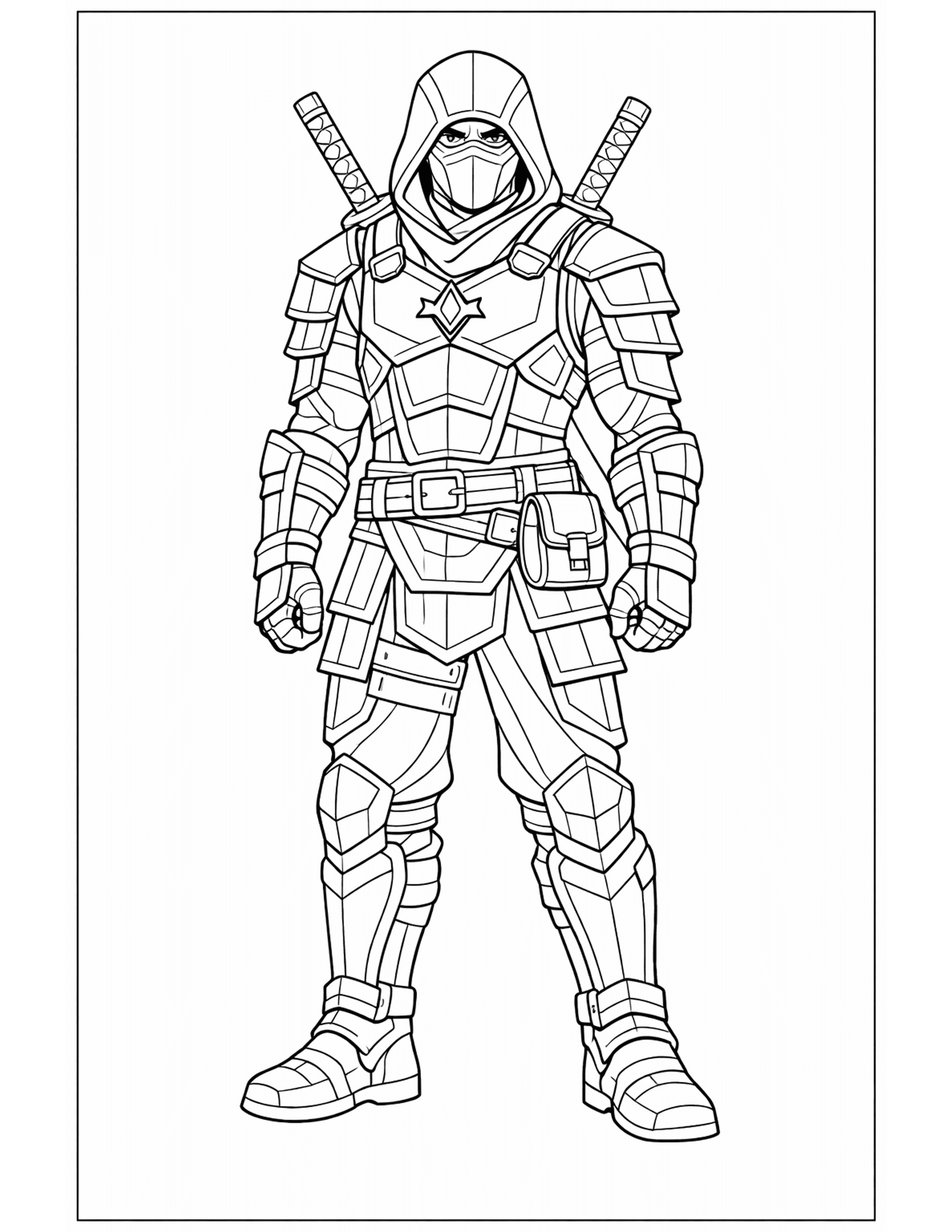 warrior coloring pages - ninja warrior in layered plate armor with buckled straps and two katanas on his back