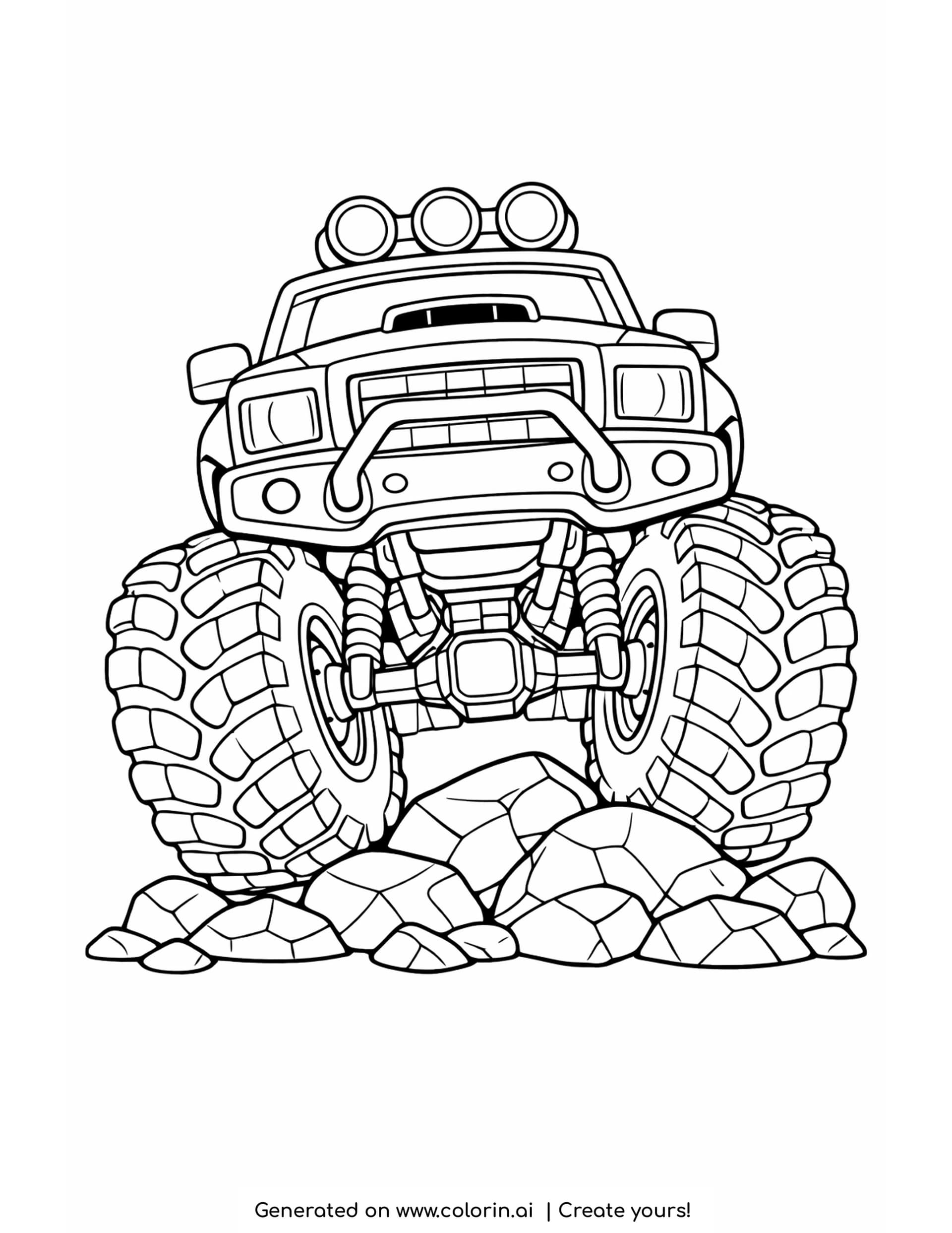 monster truck coloring page, a bold monster truck seen from the front reared up over a pile of rocks on huge knobby tires