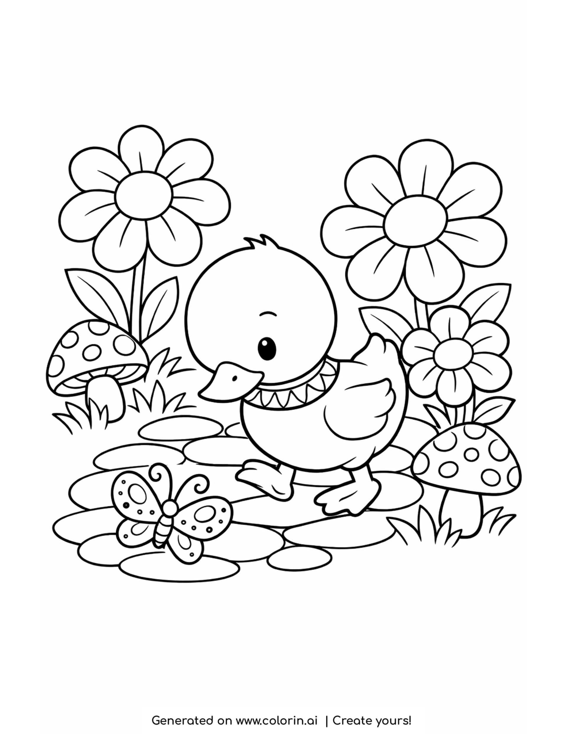 duck walking on garden path with butterfly and flowers coloring page