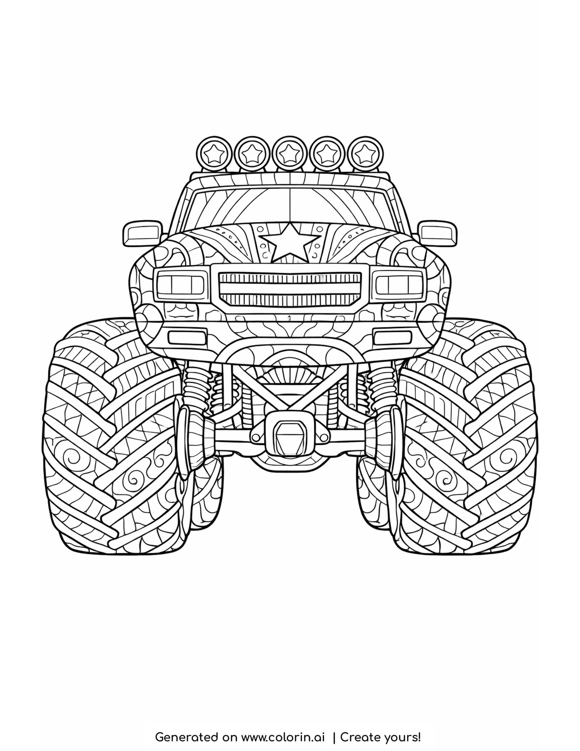 patterned monster truck coloring pages: a zentangle monster truck head on with a star on the hood and swirl filled tires
