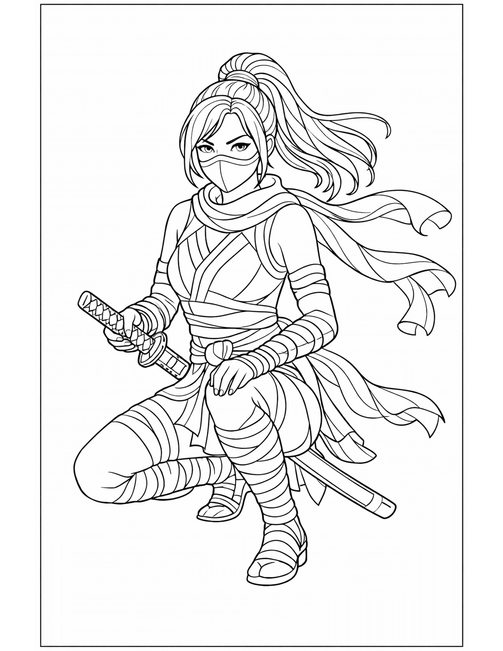 kunoichi coloring pages - female ninja kneeling on one knee with a high ponytail and bandage wrapped limbs