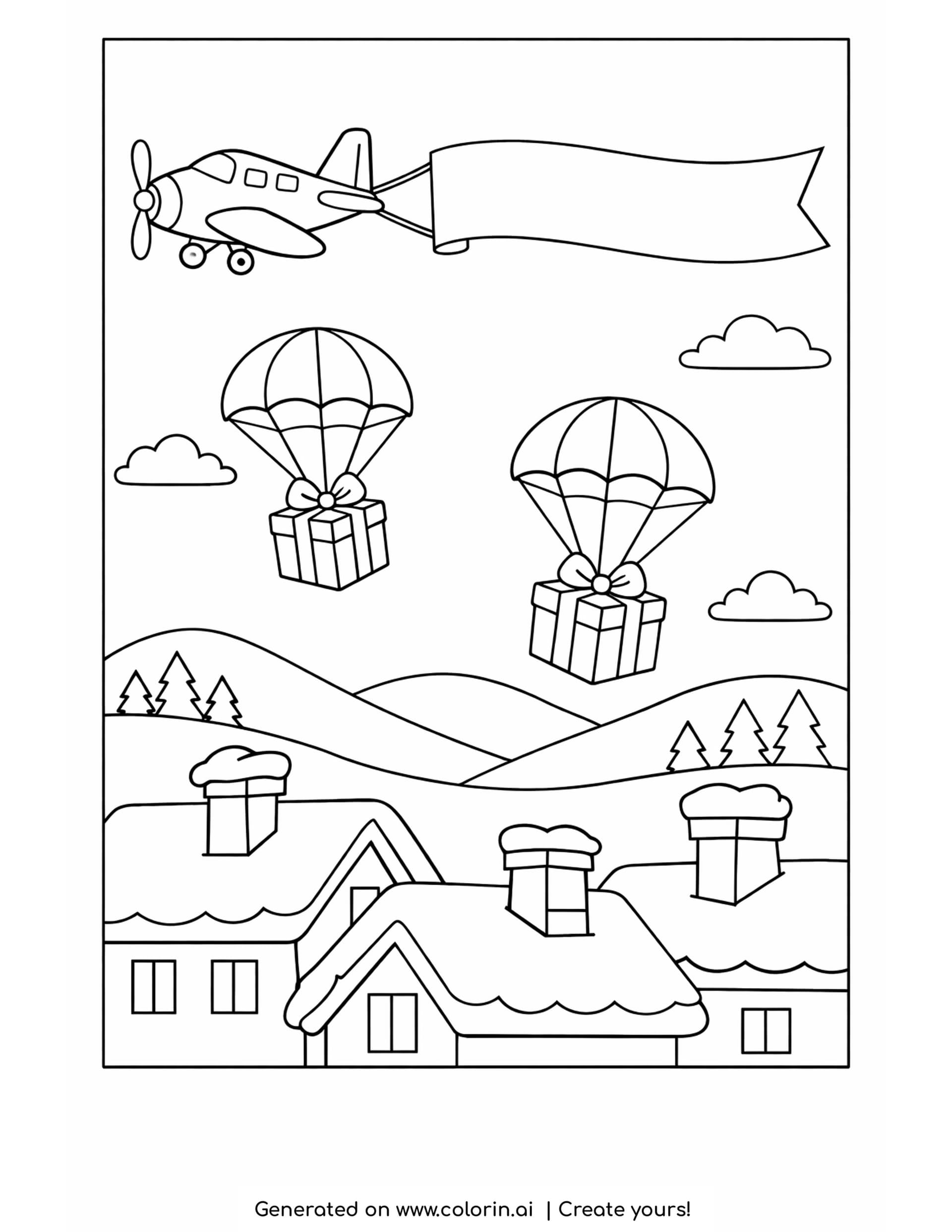 christmas airplane coloring page — plane towing a blank banner with wrapped gifts on parachutes over snowy rooftops