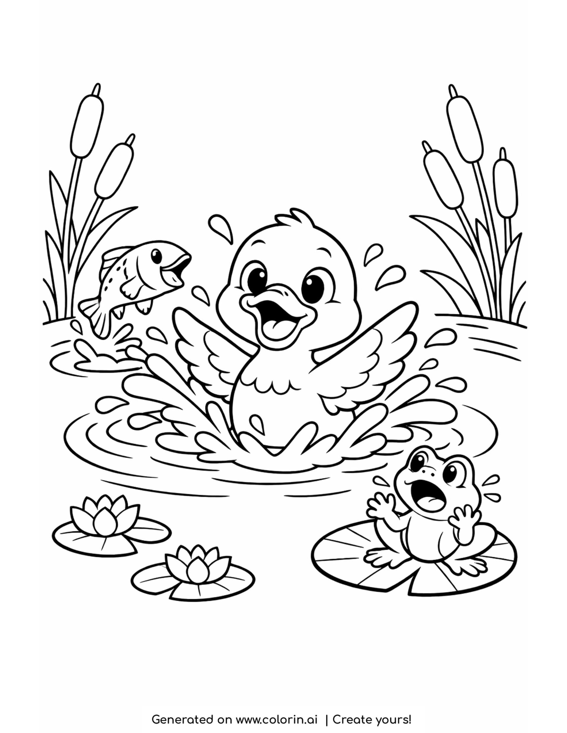 duck splashing in pond coloring page with frog, fish, and lily pads
