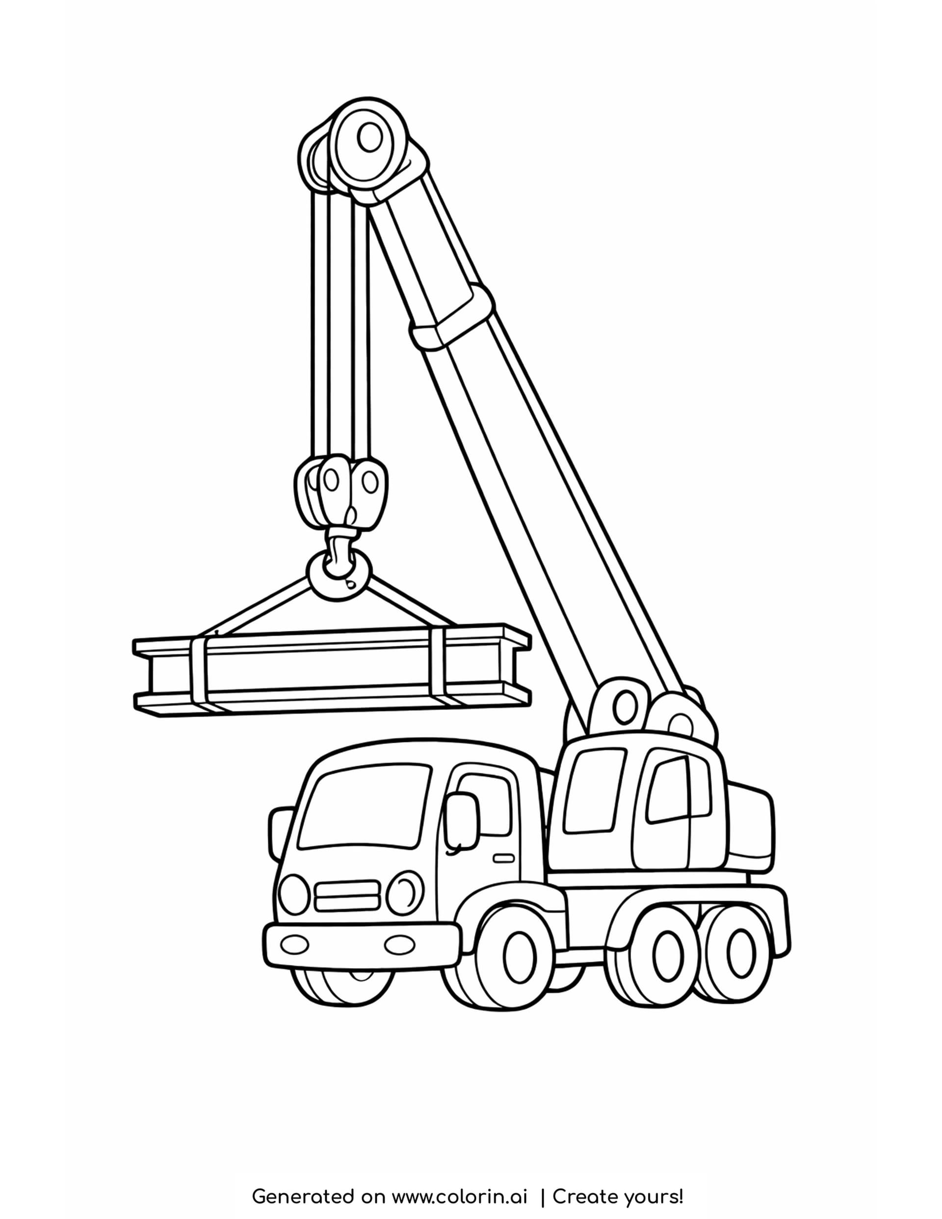 crane truck coloring pages: a mobile crane truck lifting a steel I beam on a hook and sling