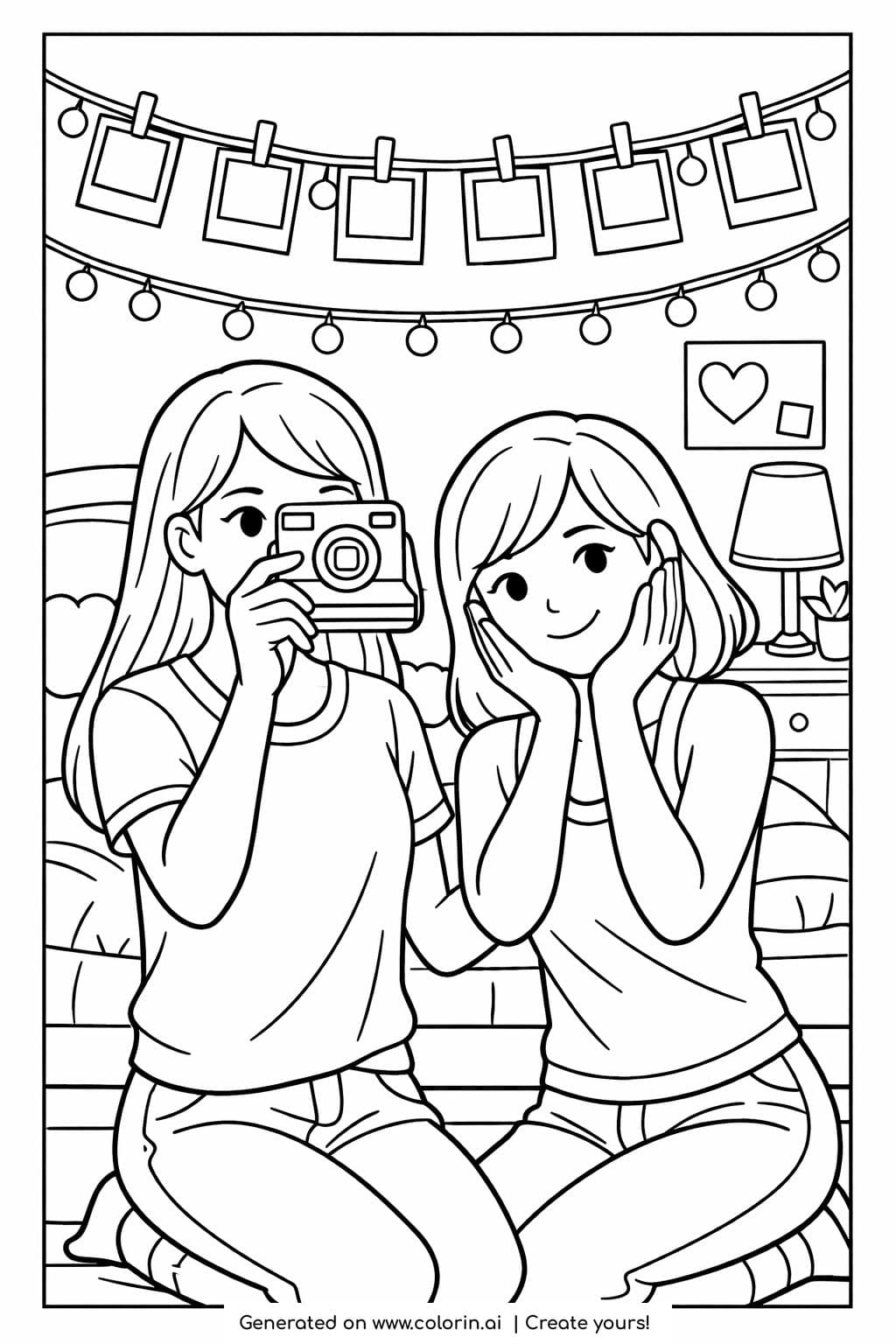 best friends posing for photos coloring page in a cozy bedroom with string lights and instant camera coloring page