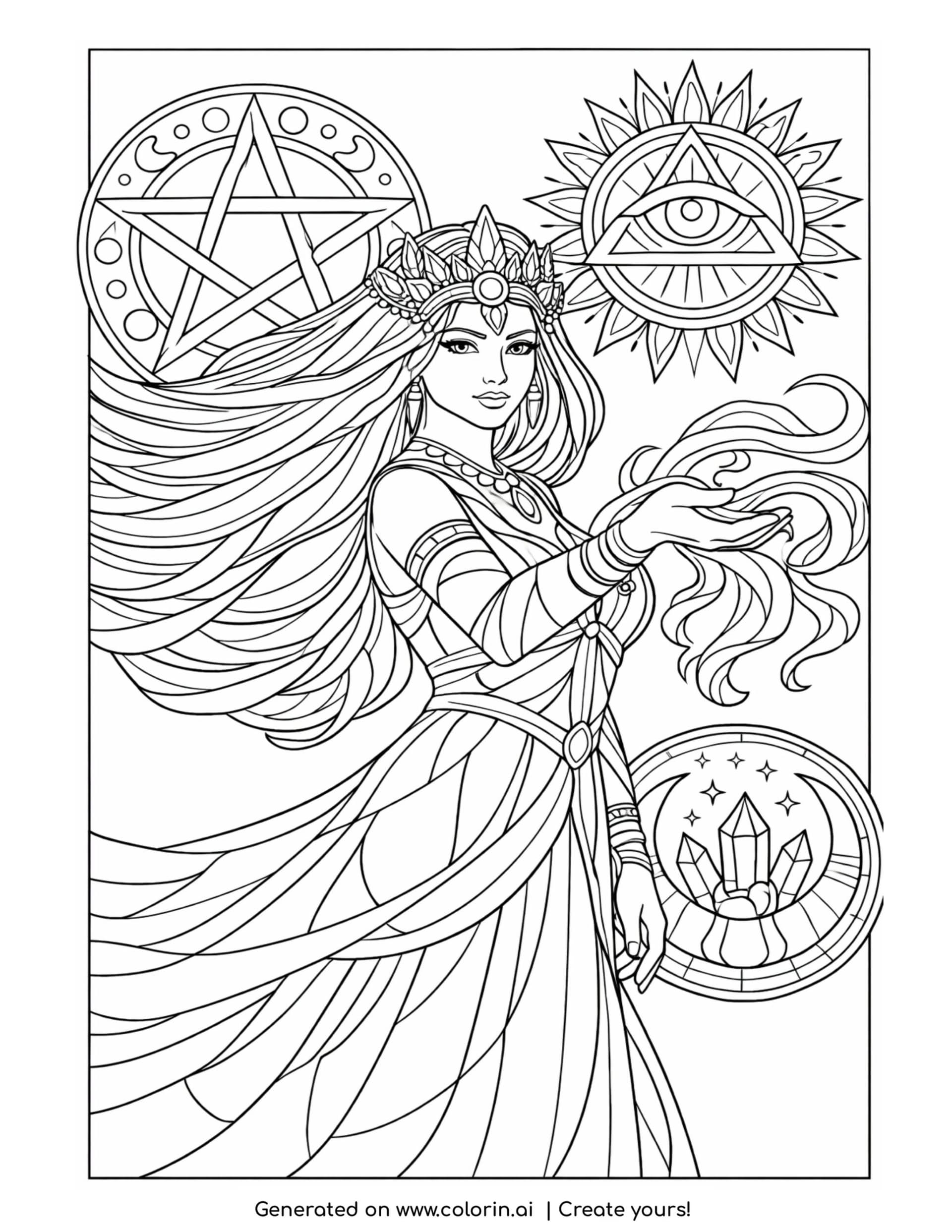 goddess casting astral currents coloring page with mystical emblems and flowing energy
