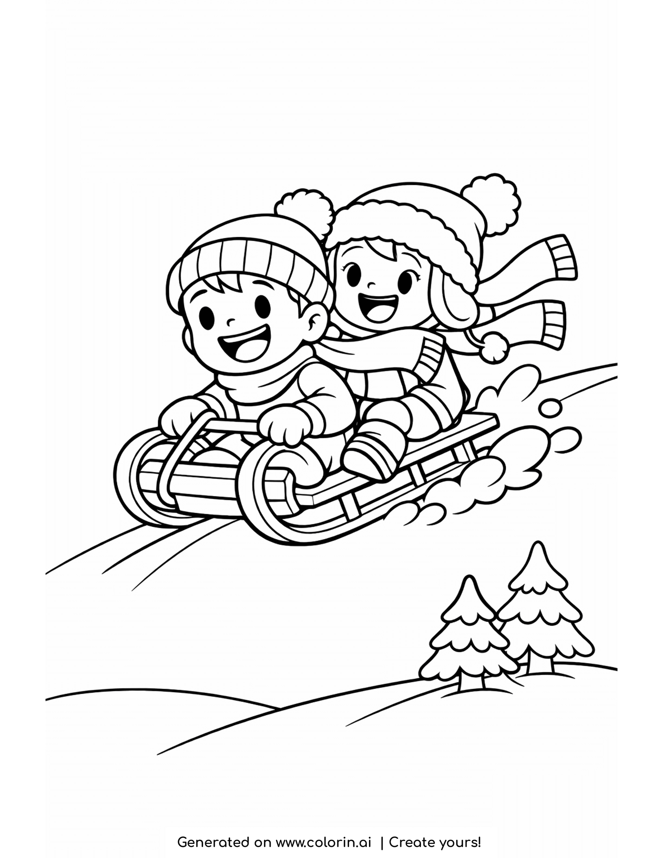 sledding coloring pages, two happy kids racing down a snowy hill on a wooden sled with snow flying
