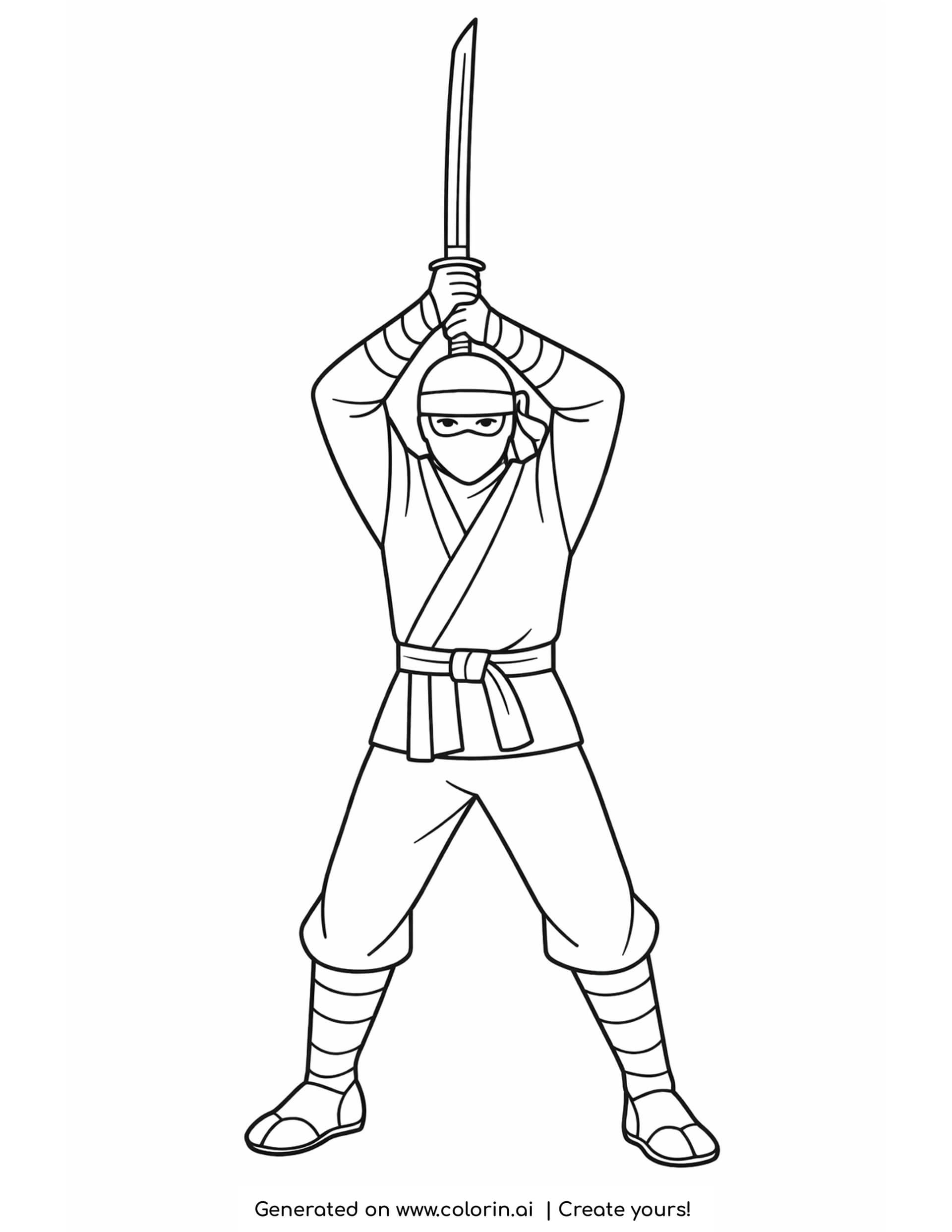 sword coloring pages - long curved sword held upright overhead by a bold simple ninja