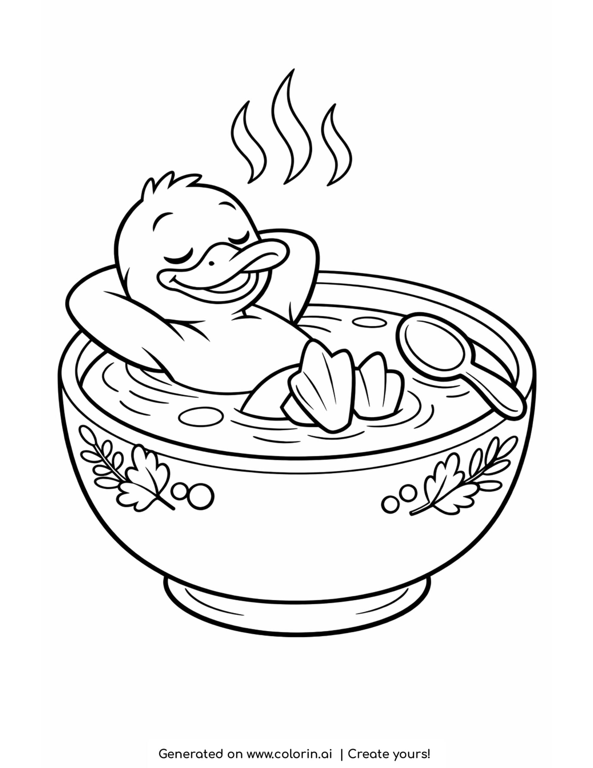 duck relaxing in a soup bowl coloring page with steam and floating spoon