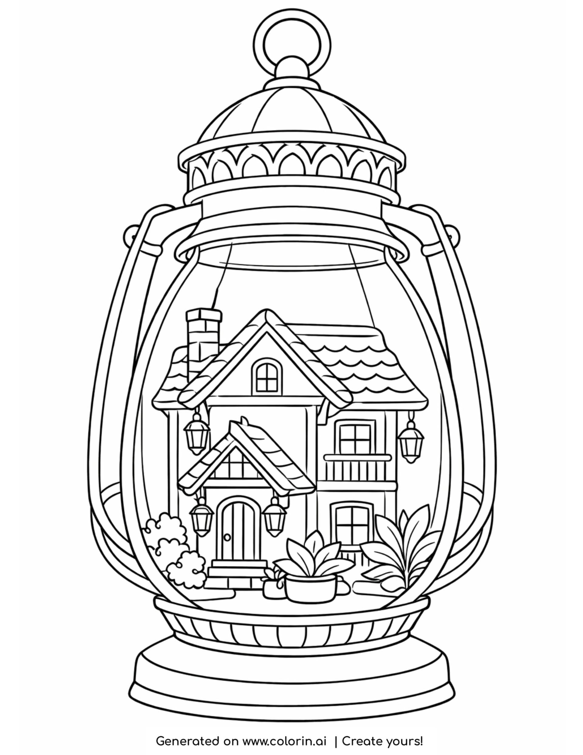 house inside an antique lantern coloring page with cozy home and plants inside glass