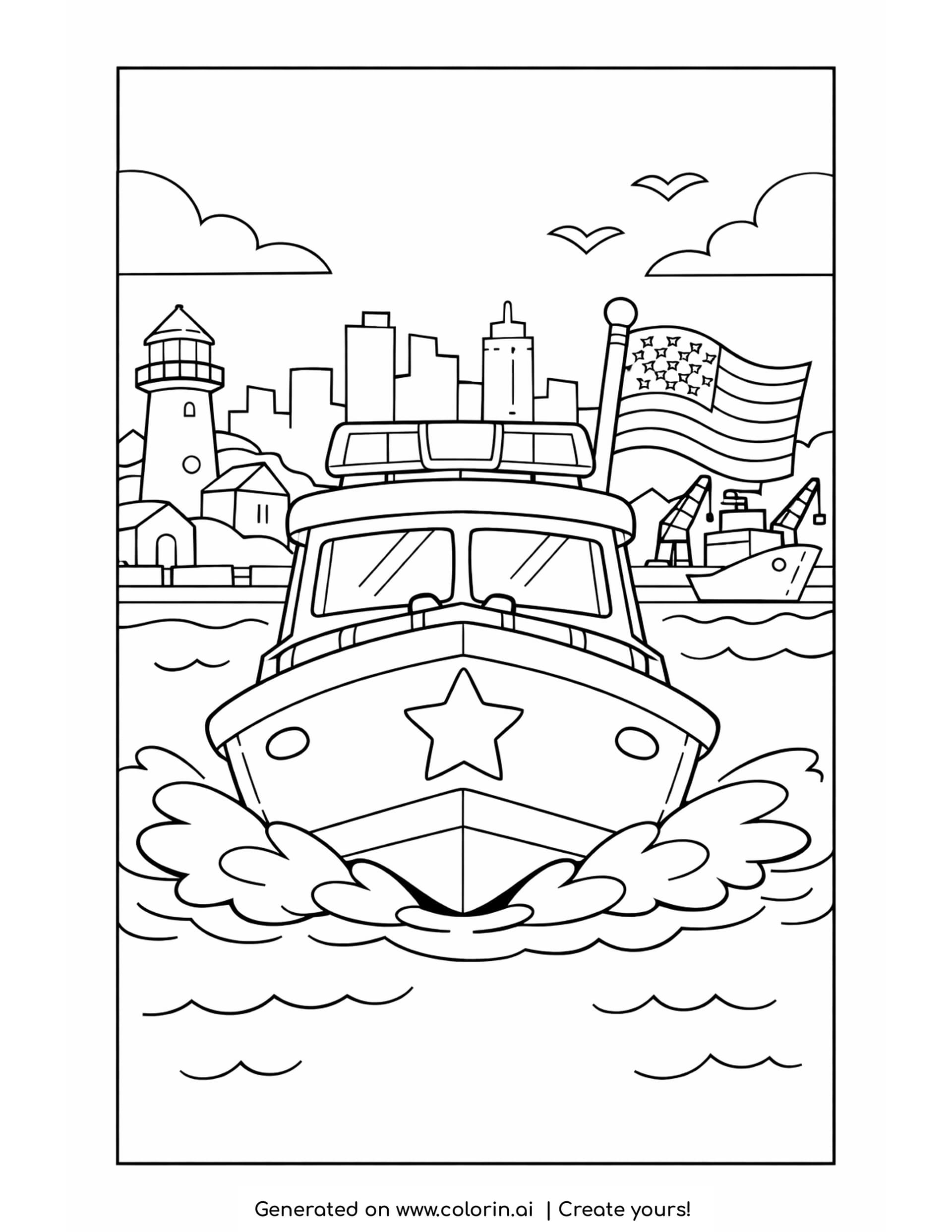 police boat coloring page - a police patrol boat with a light bar and a star badge in a harbor with a lighthouse, skyline and cranes