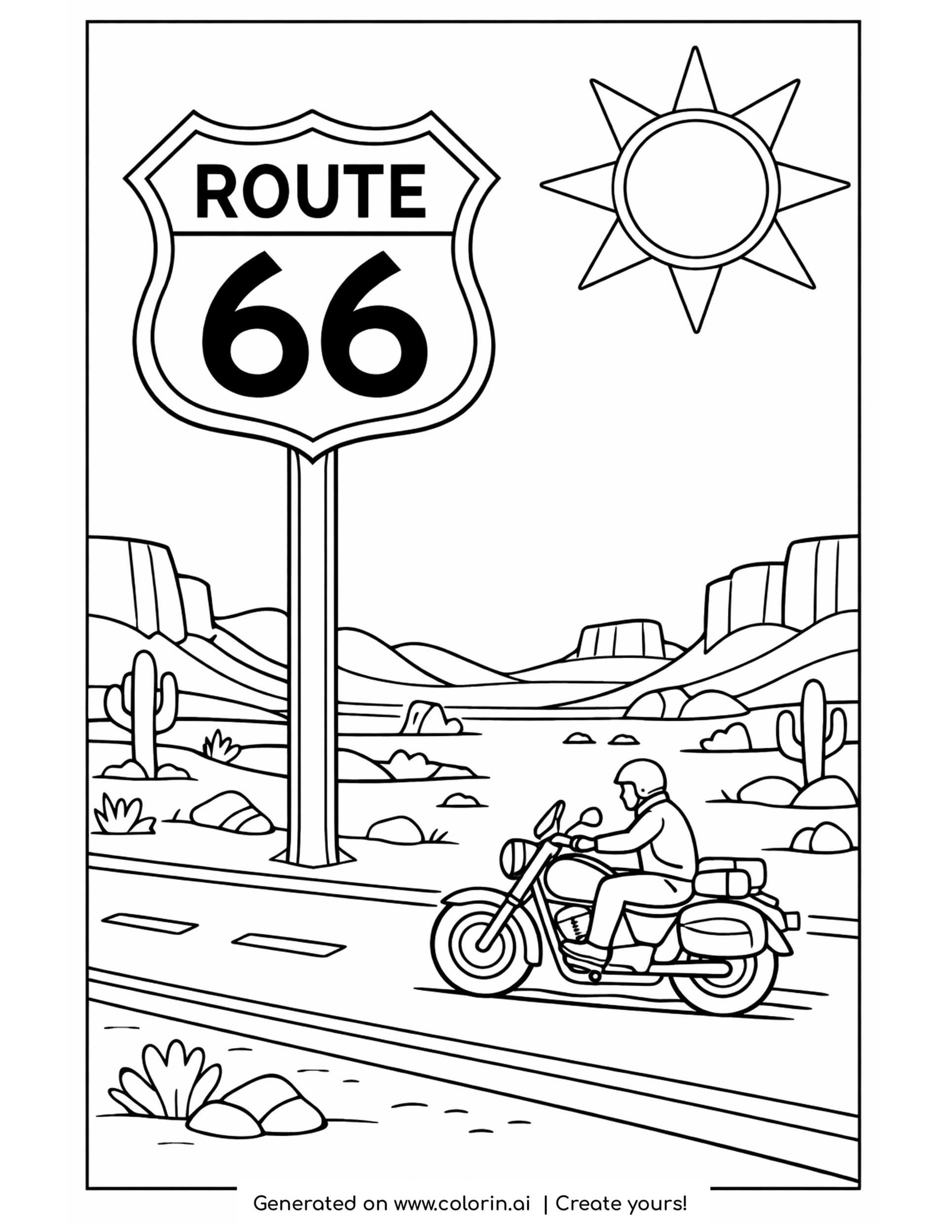 route 66 coloring pages - big Route 66 road shield on a tall post beside a desert highway