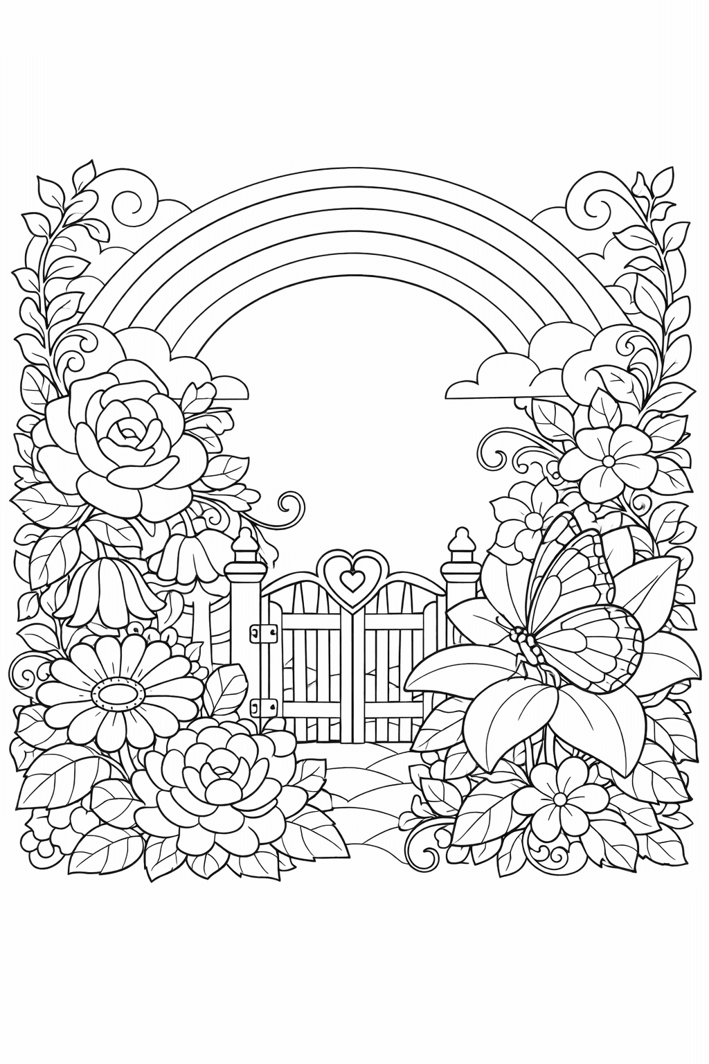rainbow coloring pages, a rainbow arching over a detailed garden full of layered flowers, vines, and a little gate with a heart