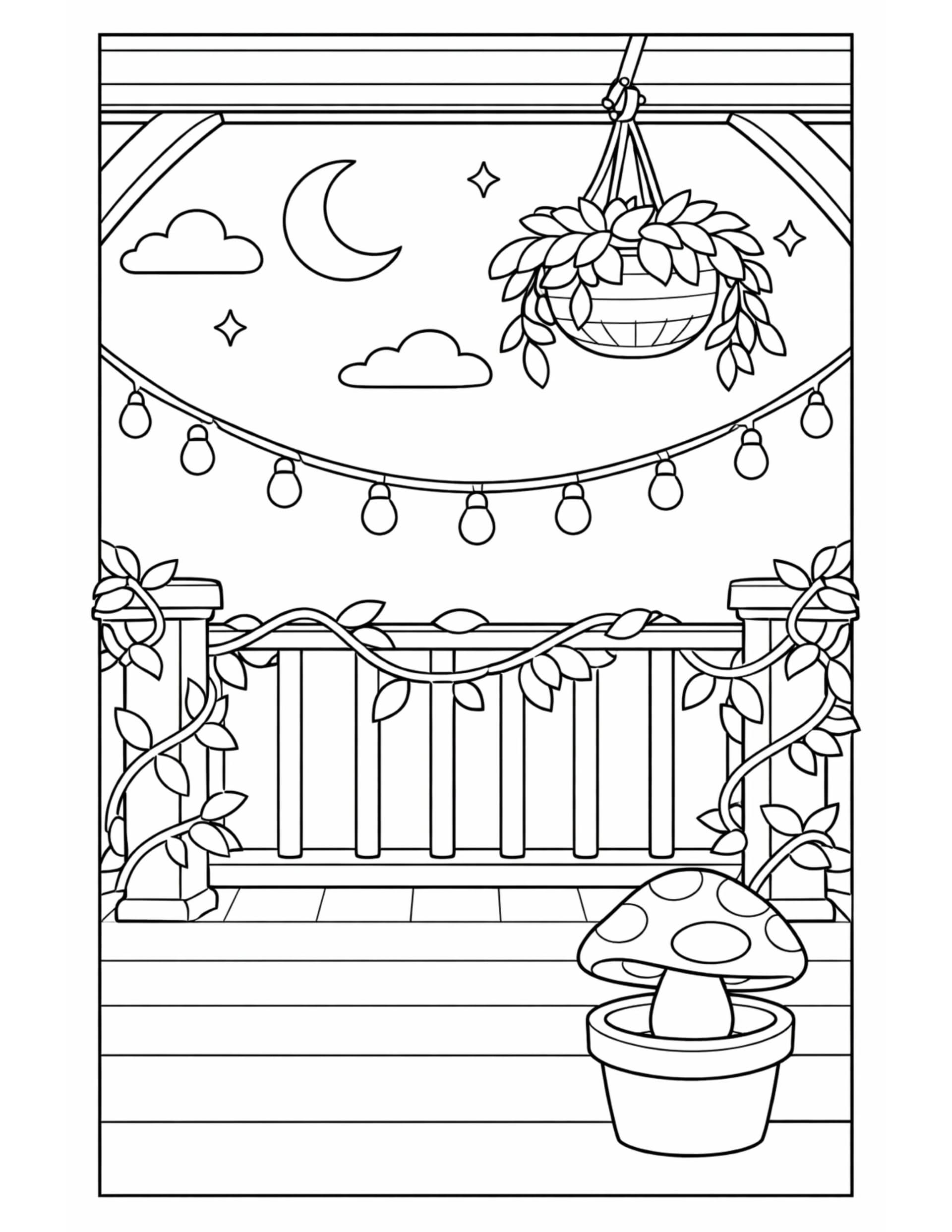 potted mushroom on moonlit balcony coloring page with hanging plant, vine railing, string lights, clouds, and moon coloring page