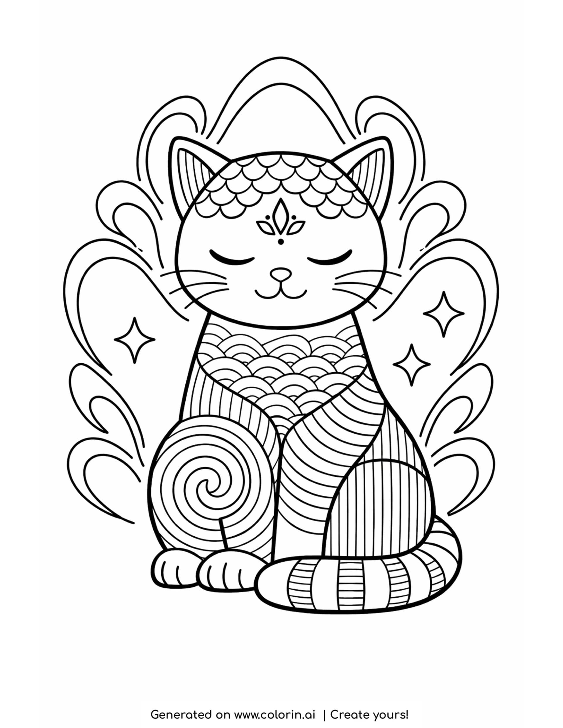 meditating cat with aura and stars cute zen coloring page