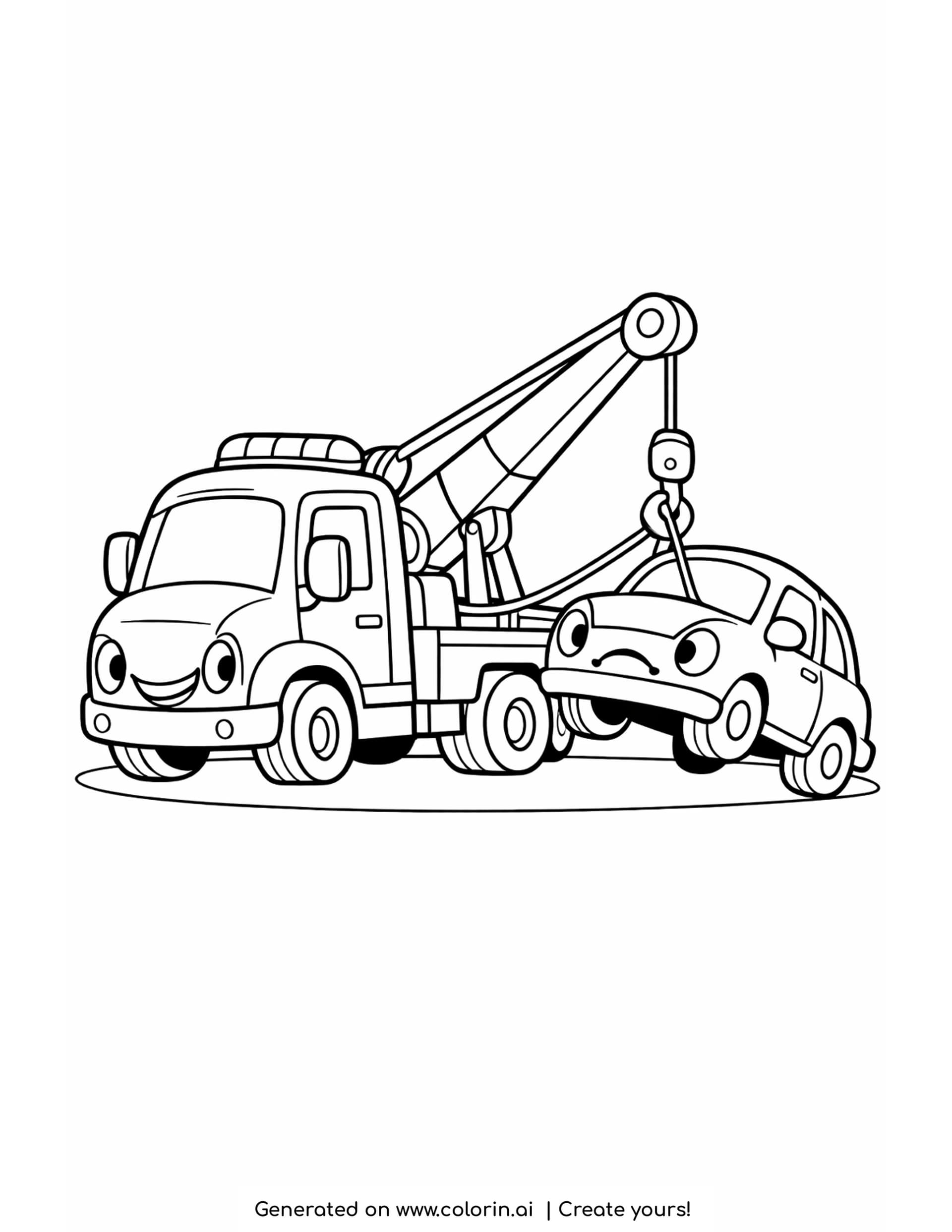tow truck pulling a car coloring pages, a tow truck with its boom raised lifting the front of a small car off the ground
