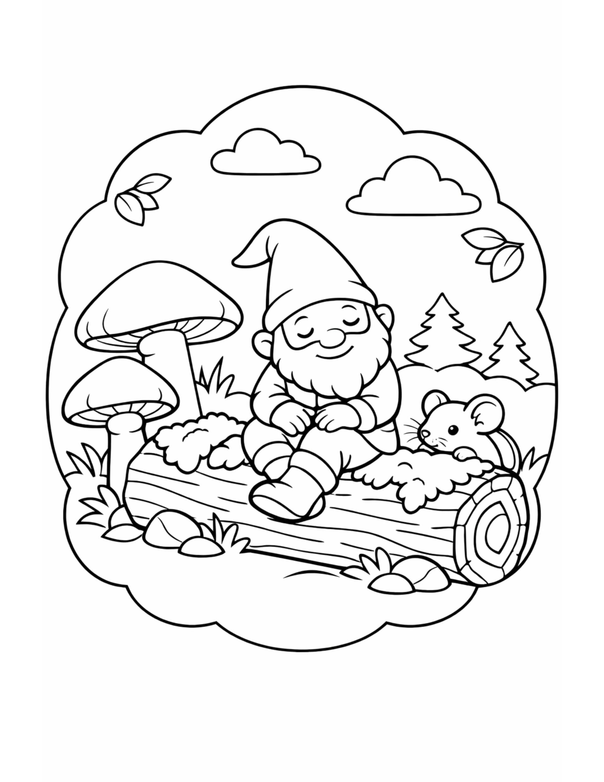 gnome napping with mouse coloring page, sleepy gnome on a log with mushrooms and pine trees coloring page
