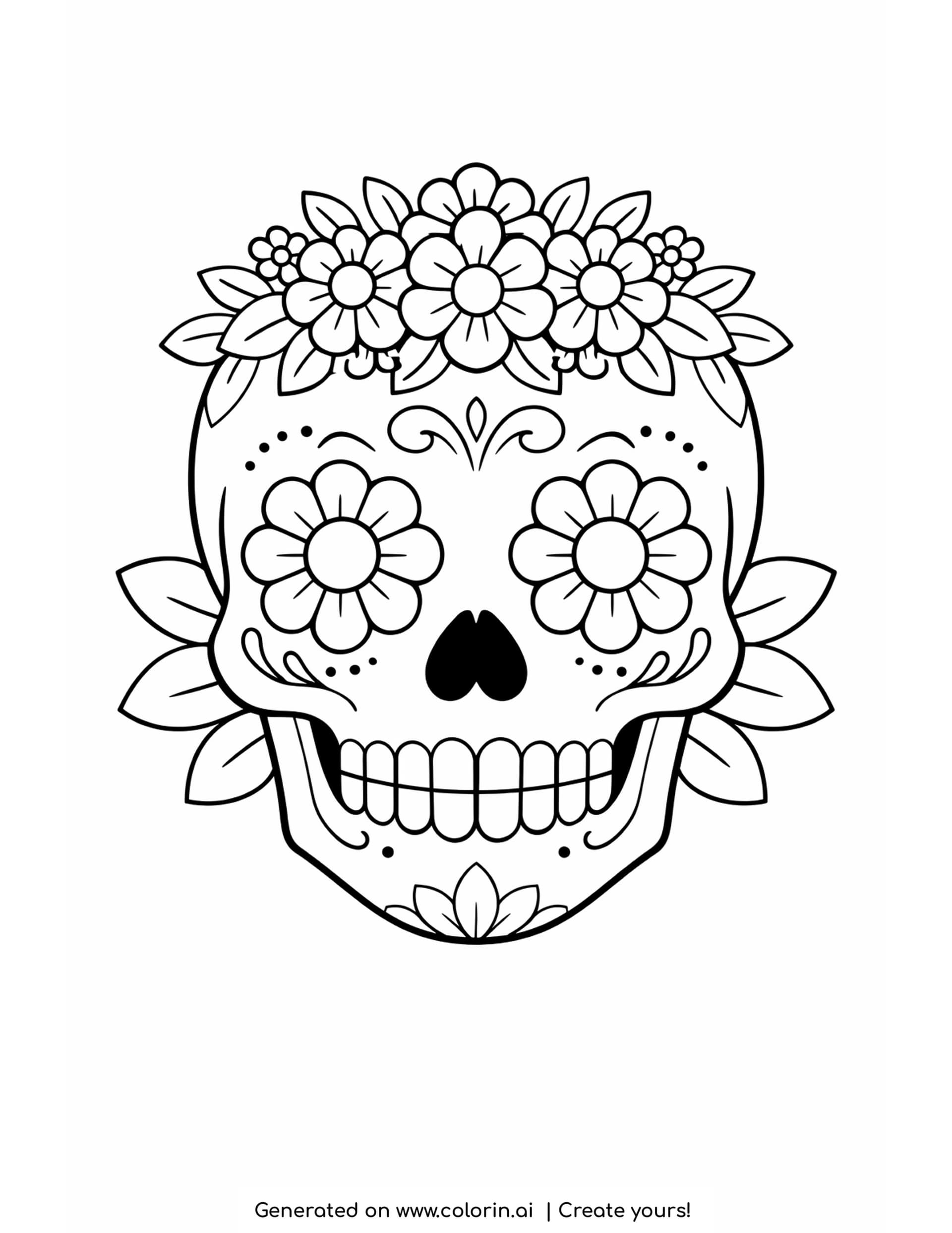 sugar skull coloring pages, bold simple sugar skull with flower eyes, a heart nose and a crown of eight small flowers