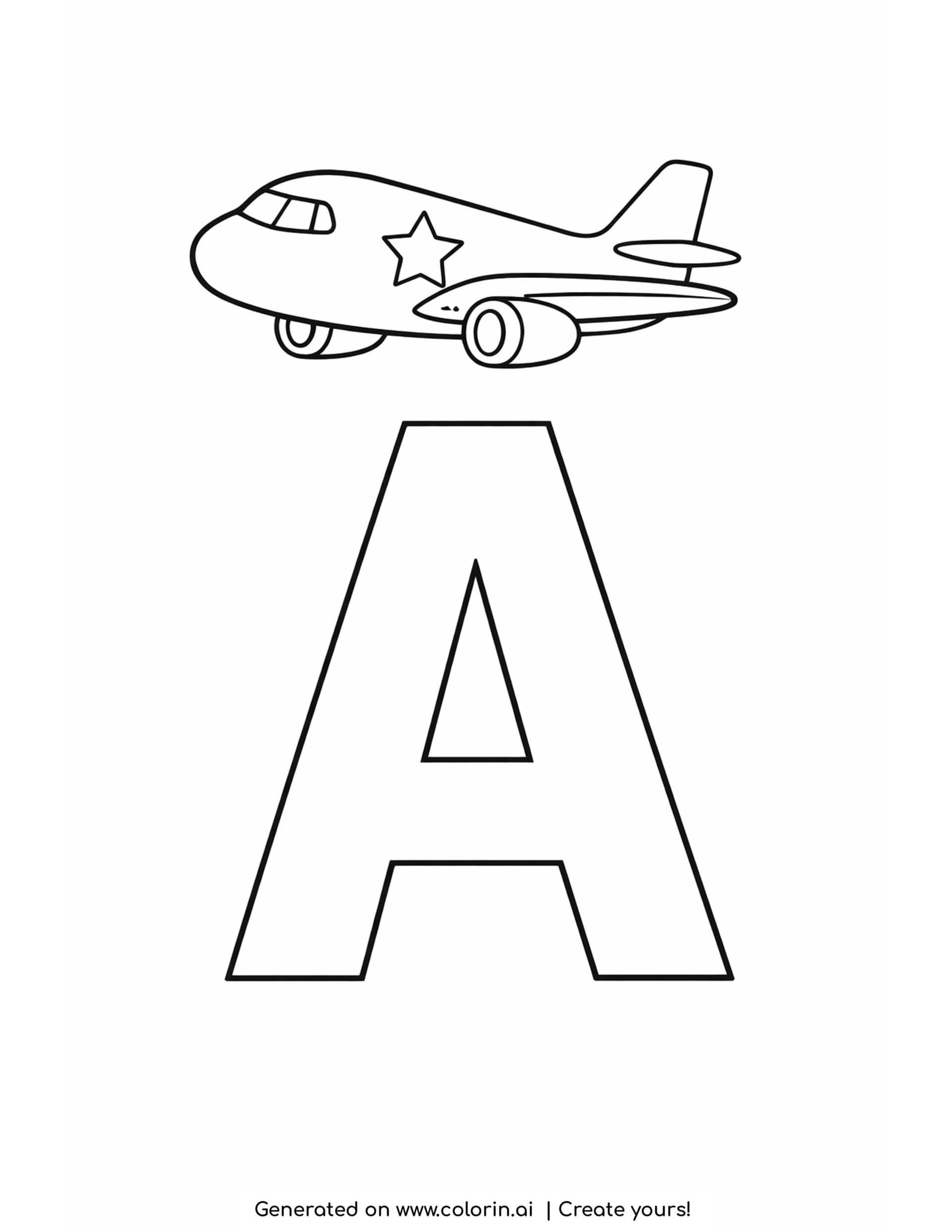 a is for airplane coloring page — giant hollow capital A with a bold airplane flying above it