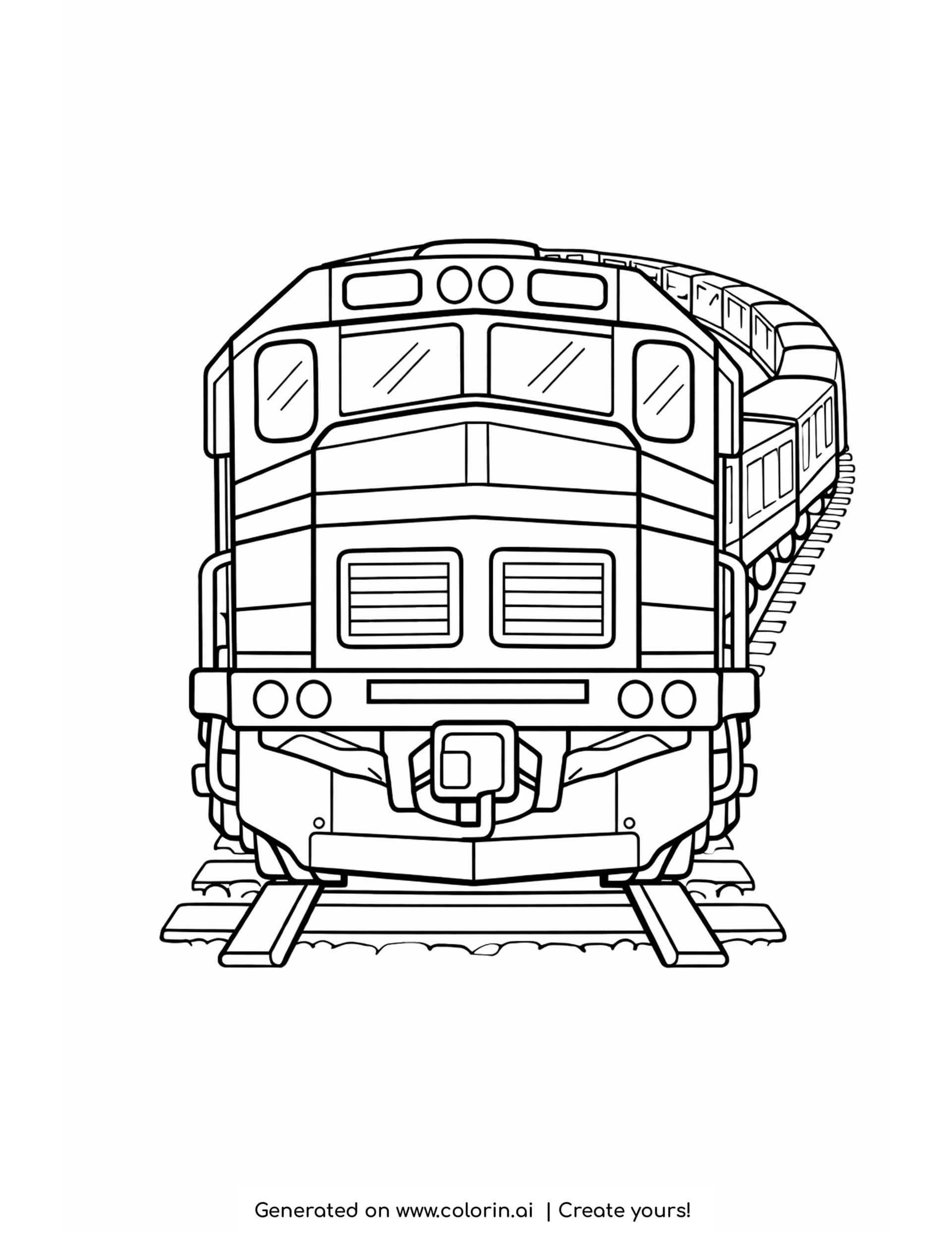 diesel train coloring page: a boxy diesel locomotive head on with headlights and grille vents, cars curving away behind