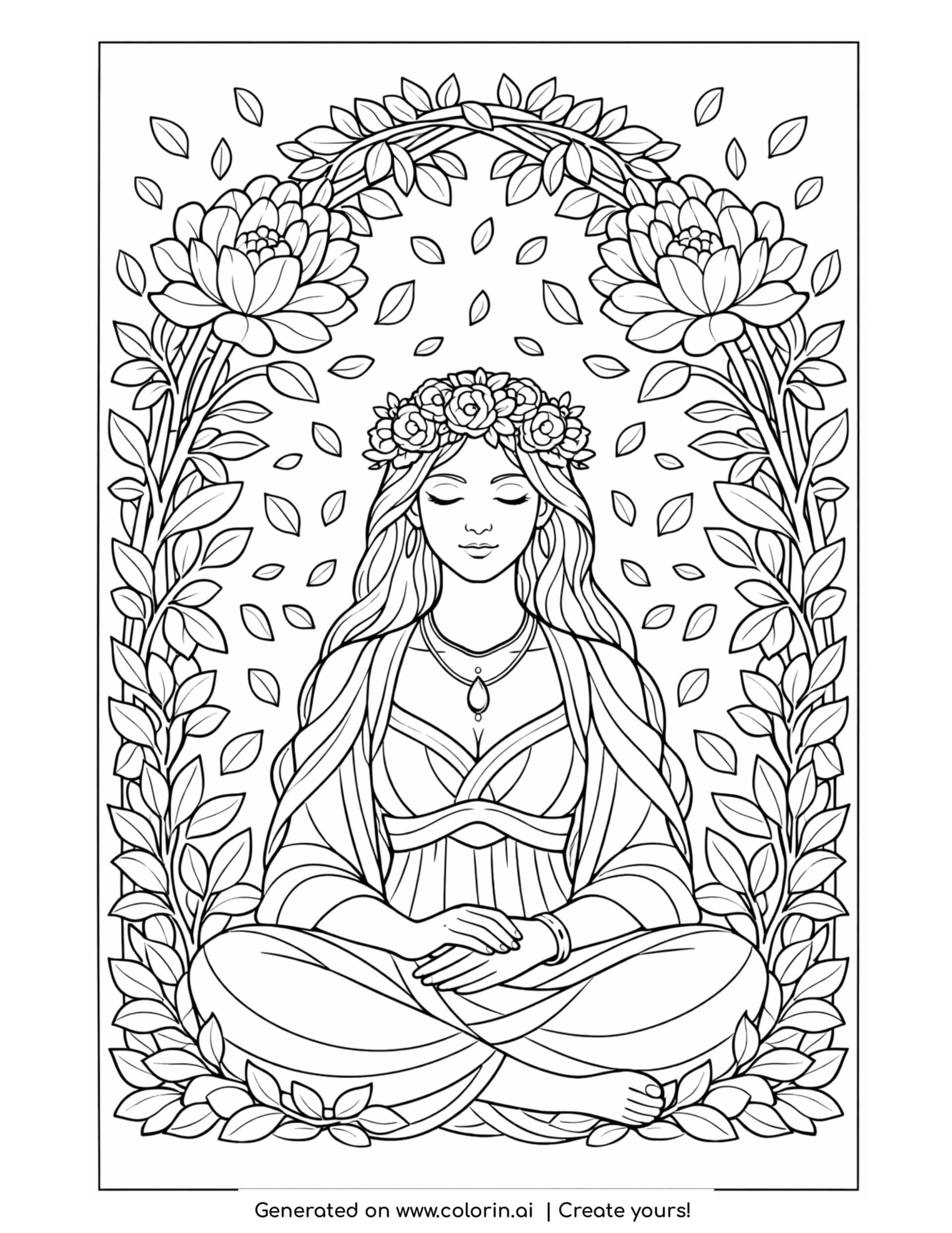 goddess beneath a floral arch coloring page with flowers and falling leaves