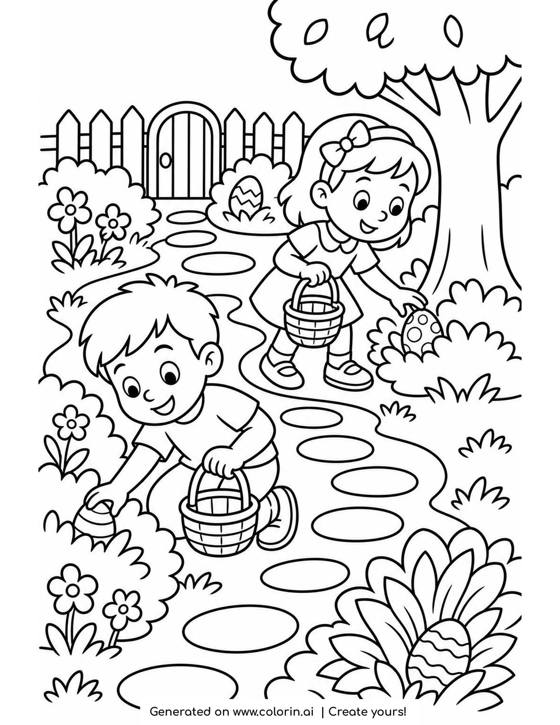 Easter egg hunt coloring page of a boy and a girl with baskets looking for eggs hidden under bushes and beside a tree along a garden path