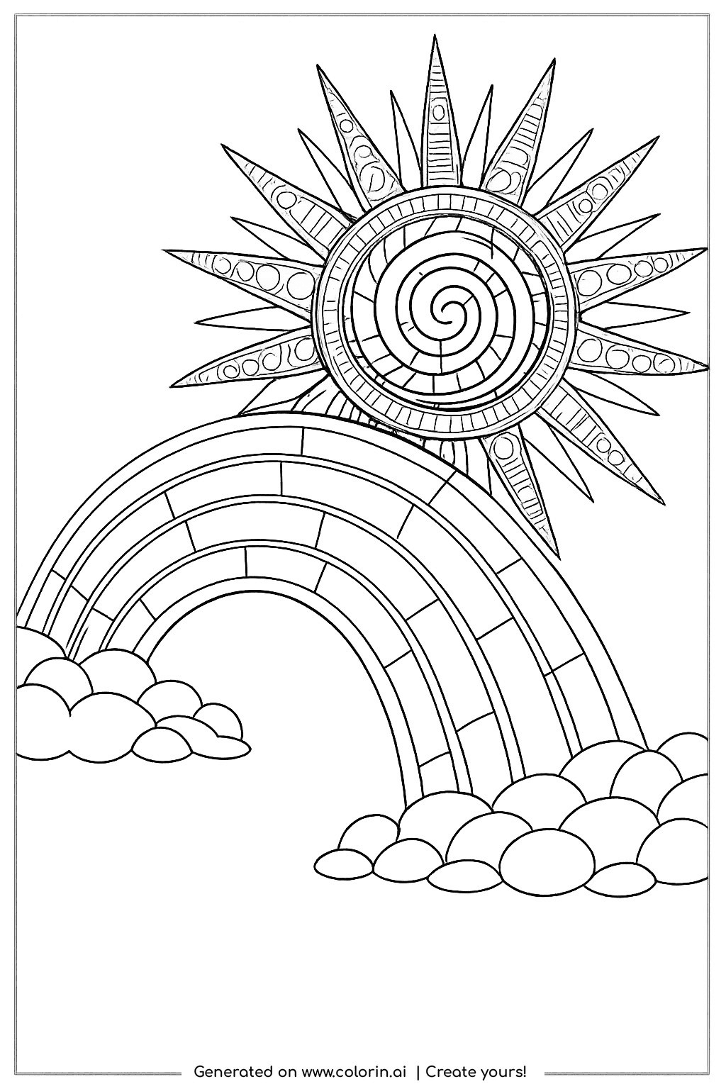 rainbow coloring pages for adults, a rainbow beside a large sun whose long rays are filled with fine decorative patterns