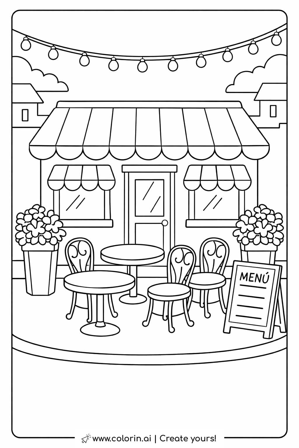small cafe with outdoor tables coloring page featuring round tables and hanging lights coloring page