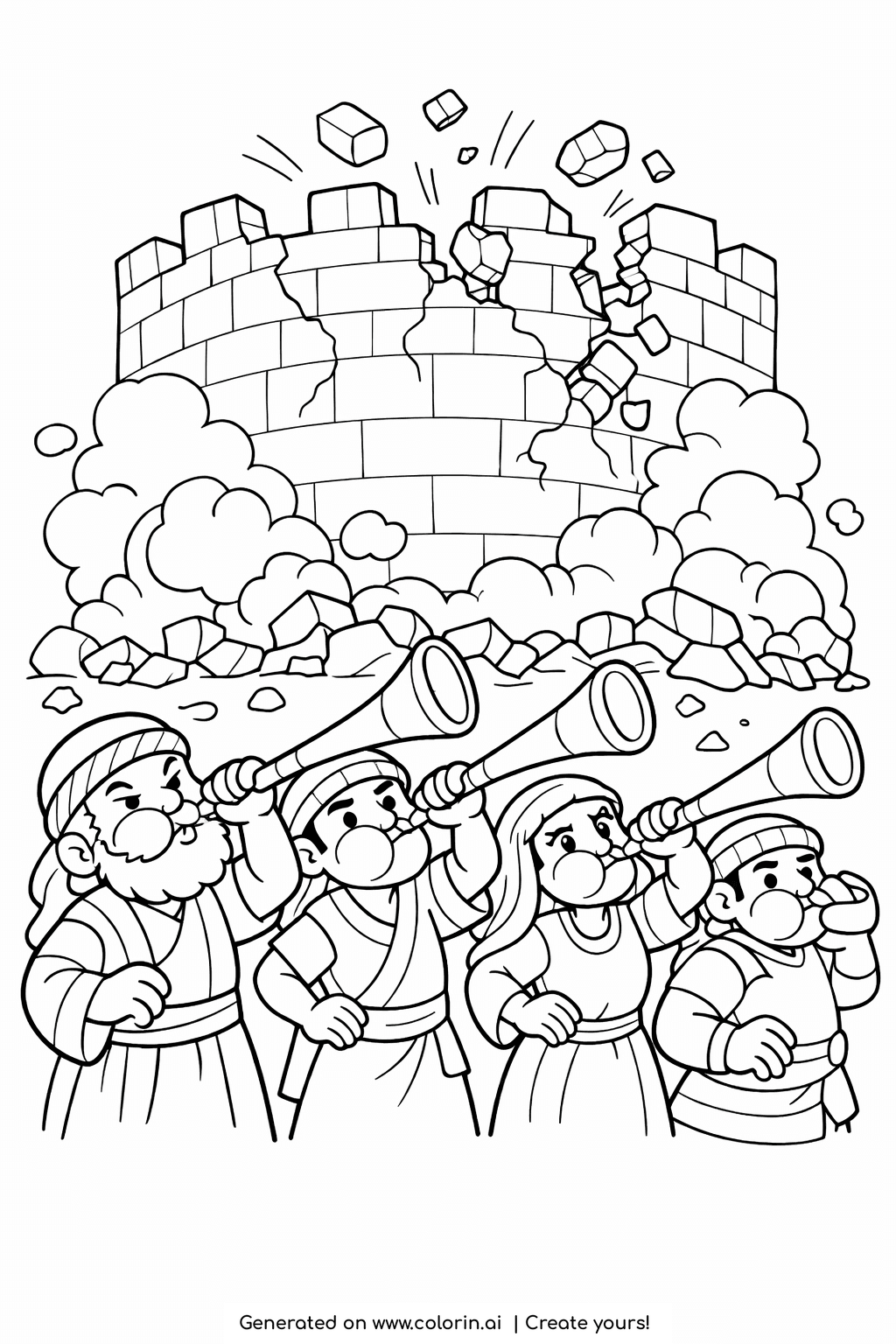 bible stories coloring pages, the great walls of Jericho cracking and tumbling as trumpeters blow their horns below