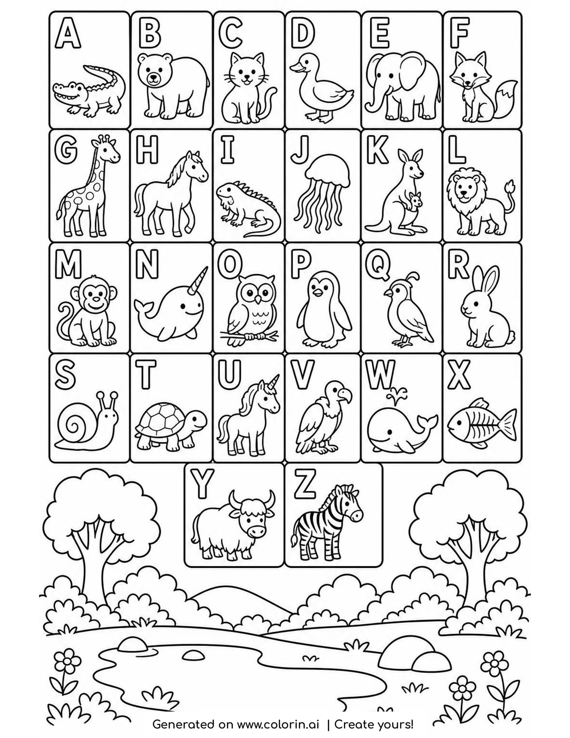 An animal alphabet coloring page with 26 boxes, each with a hollow capital letter and an animal from an alligator to a zebra, above trees, bushes and flowers
