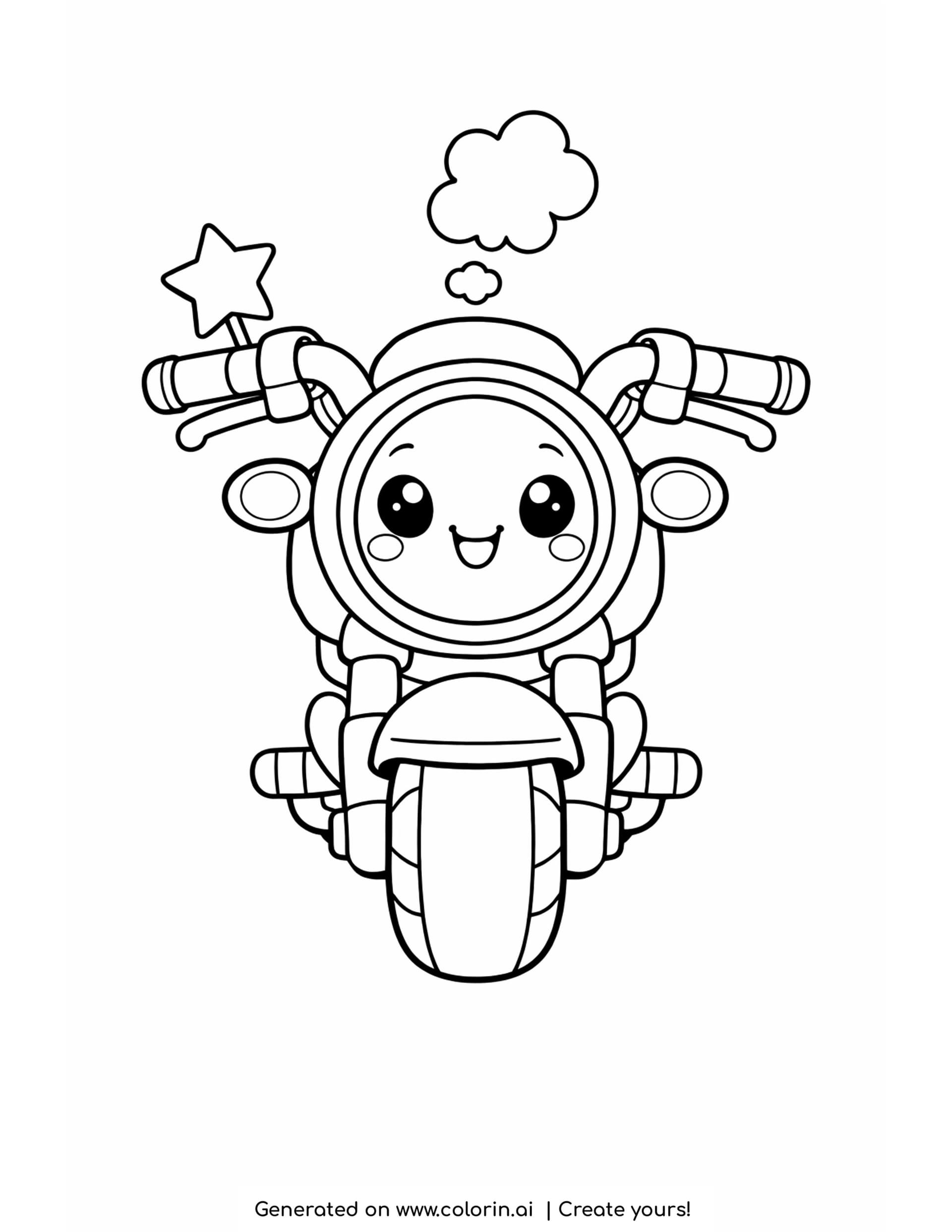 motorcycle coloring pages - cute smiling motorcycle seen from the front with a star flag and an exhaust puff above