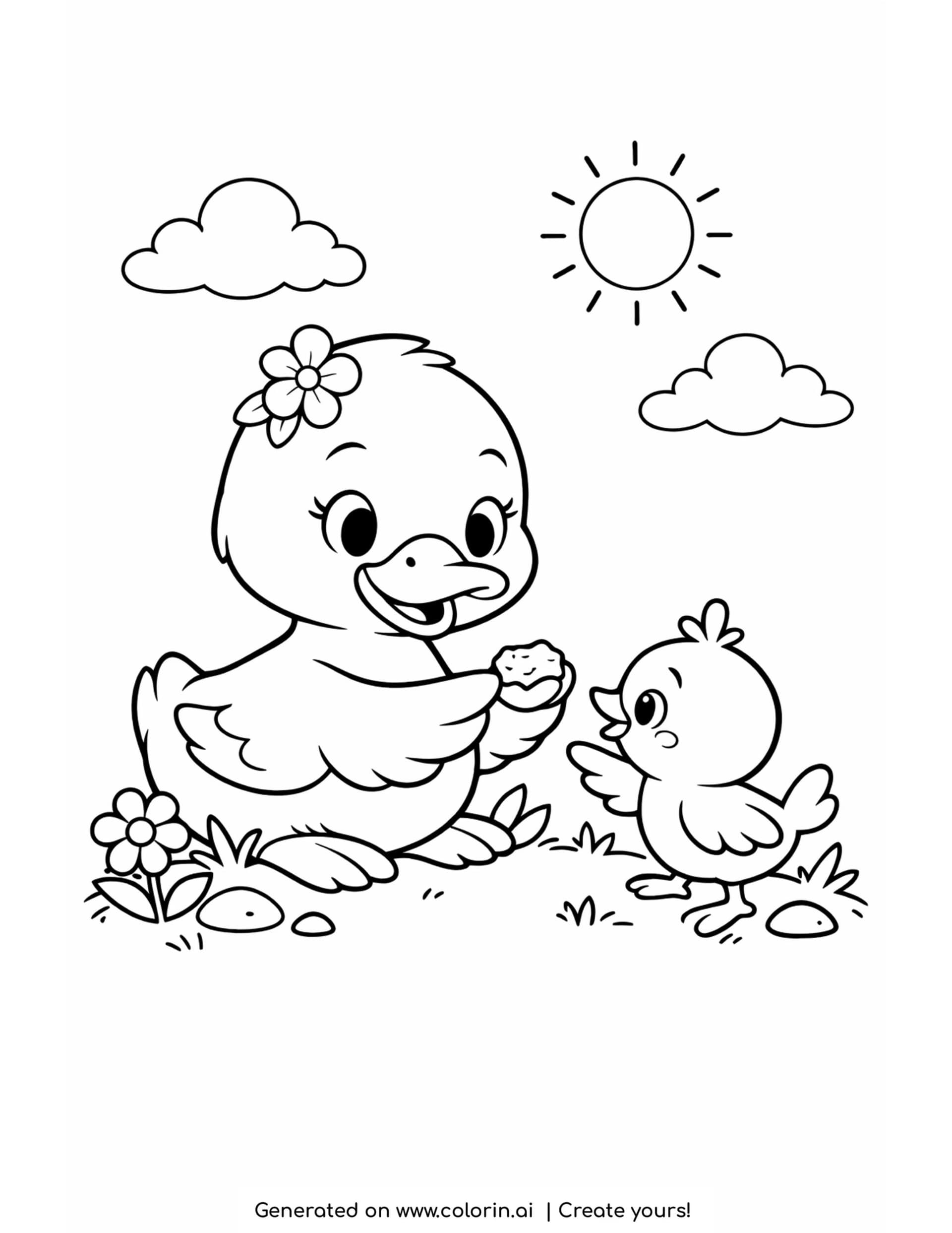 duck feeding a baby bird coloring page with flowers and sunny garden details