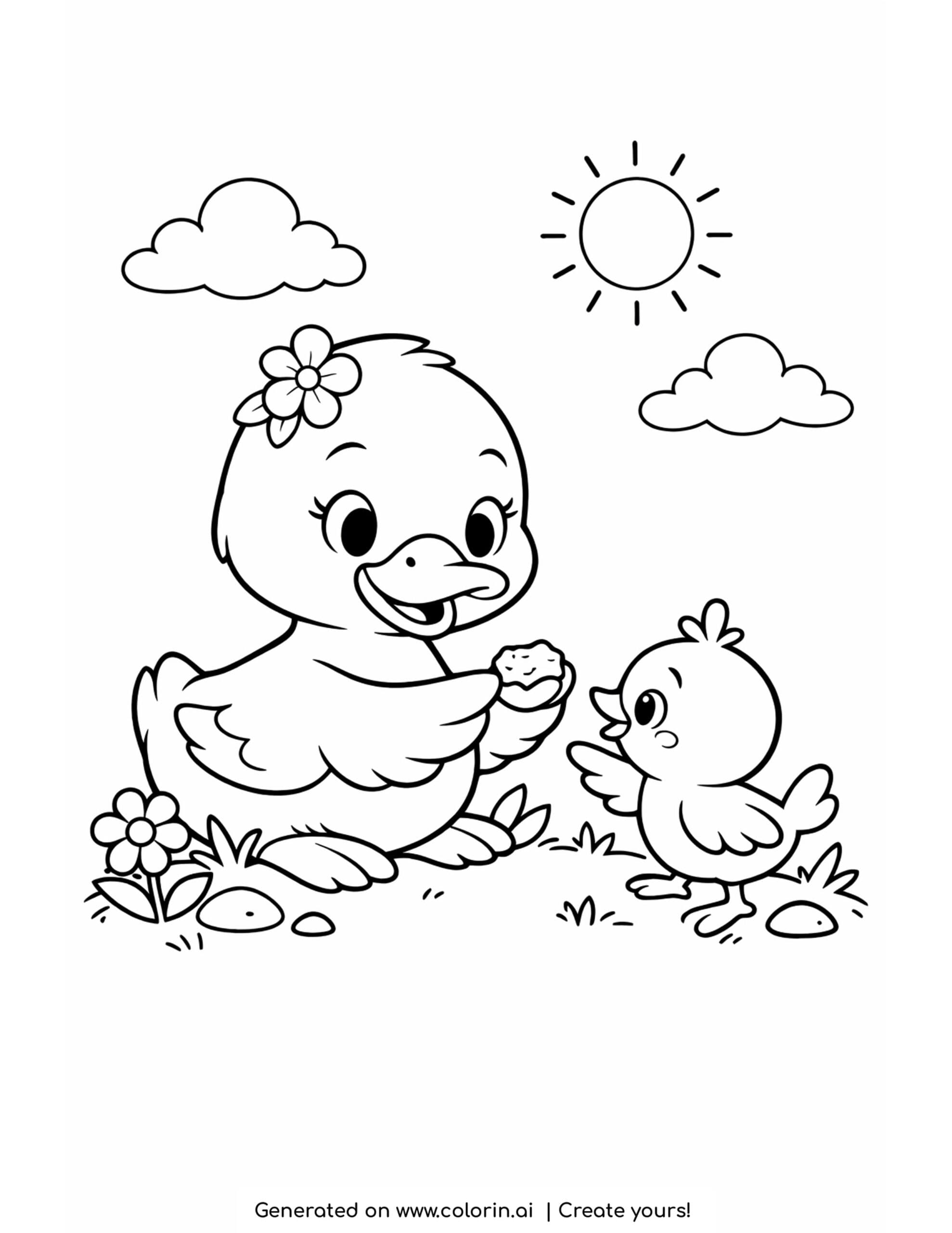 duck feeding a baby bird coloring page with flowers and sunny garden details