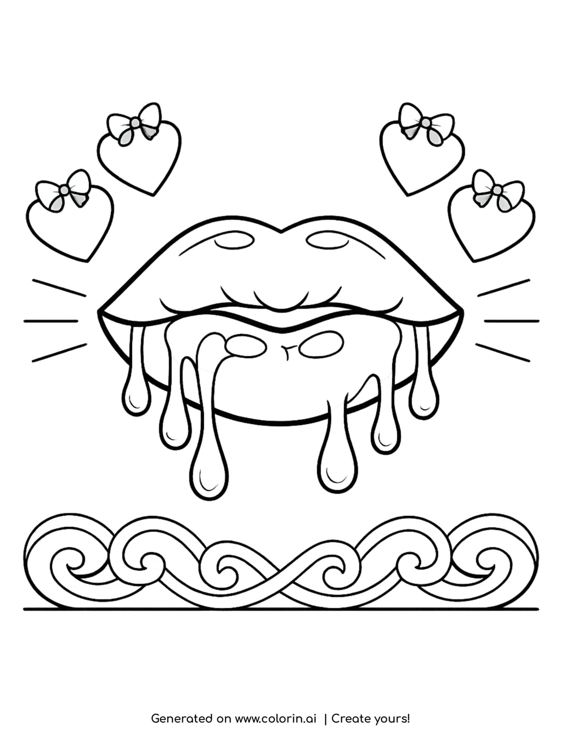 dripping lips with hearts coloring page with gloss and waves