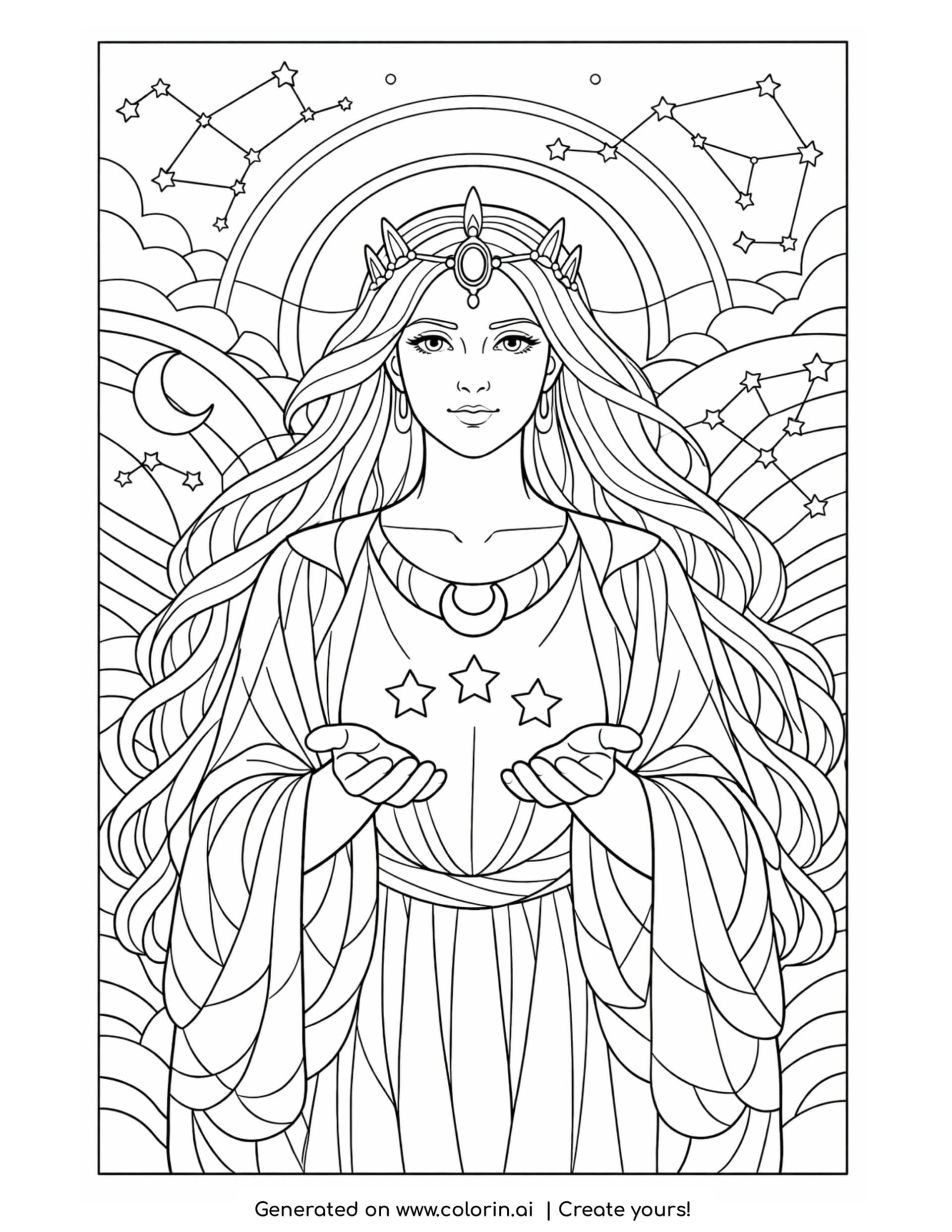 goddess holding floating stars coloring page with constellations and moon details