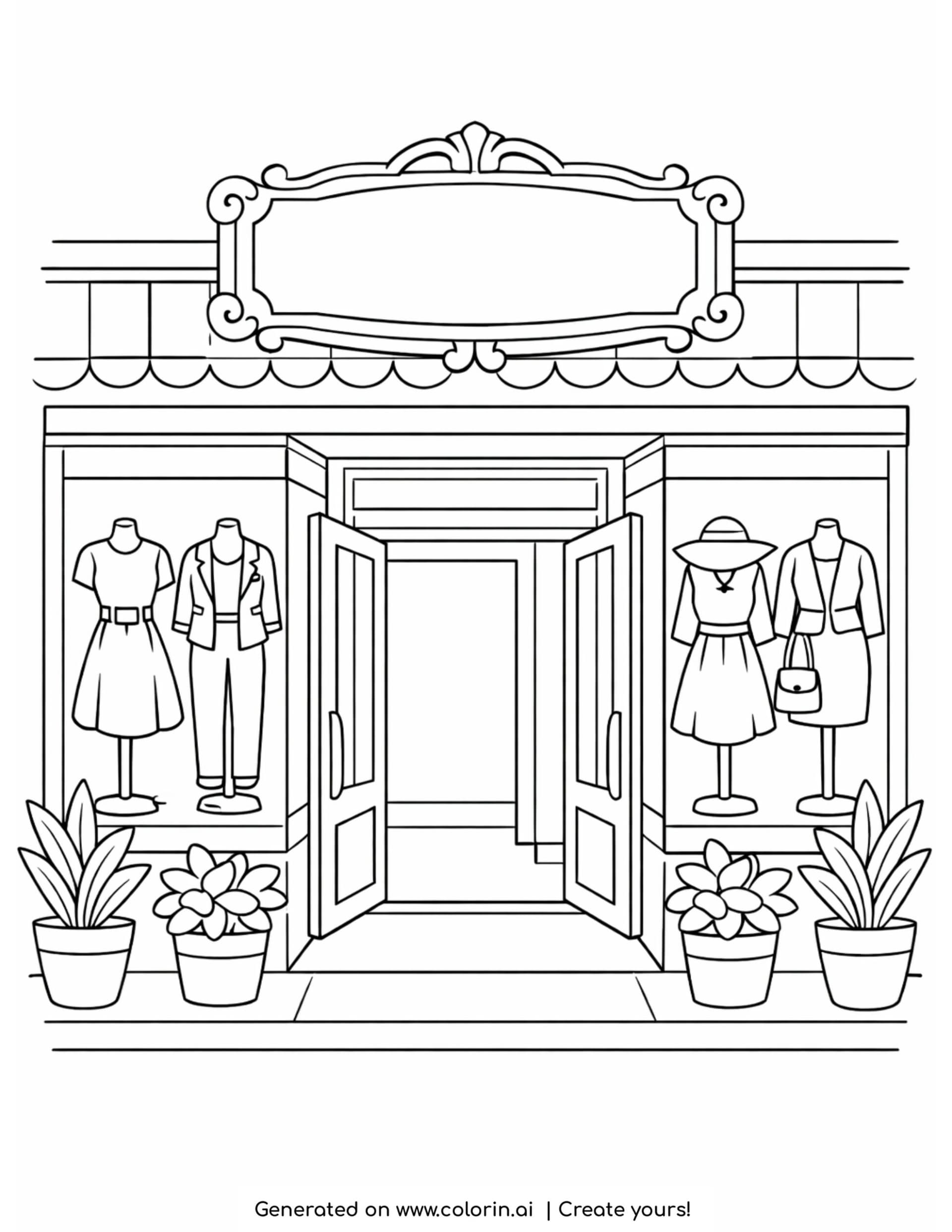 fashion boutique storefront with window displays coloring page with mannequins and plants