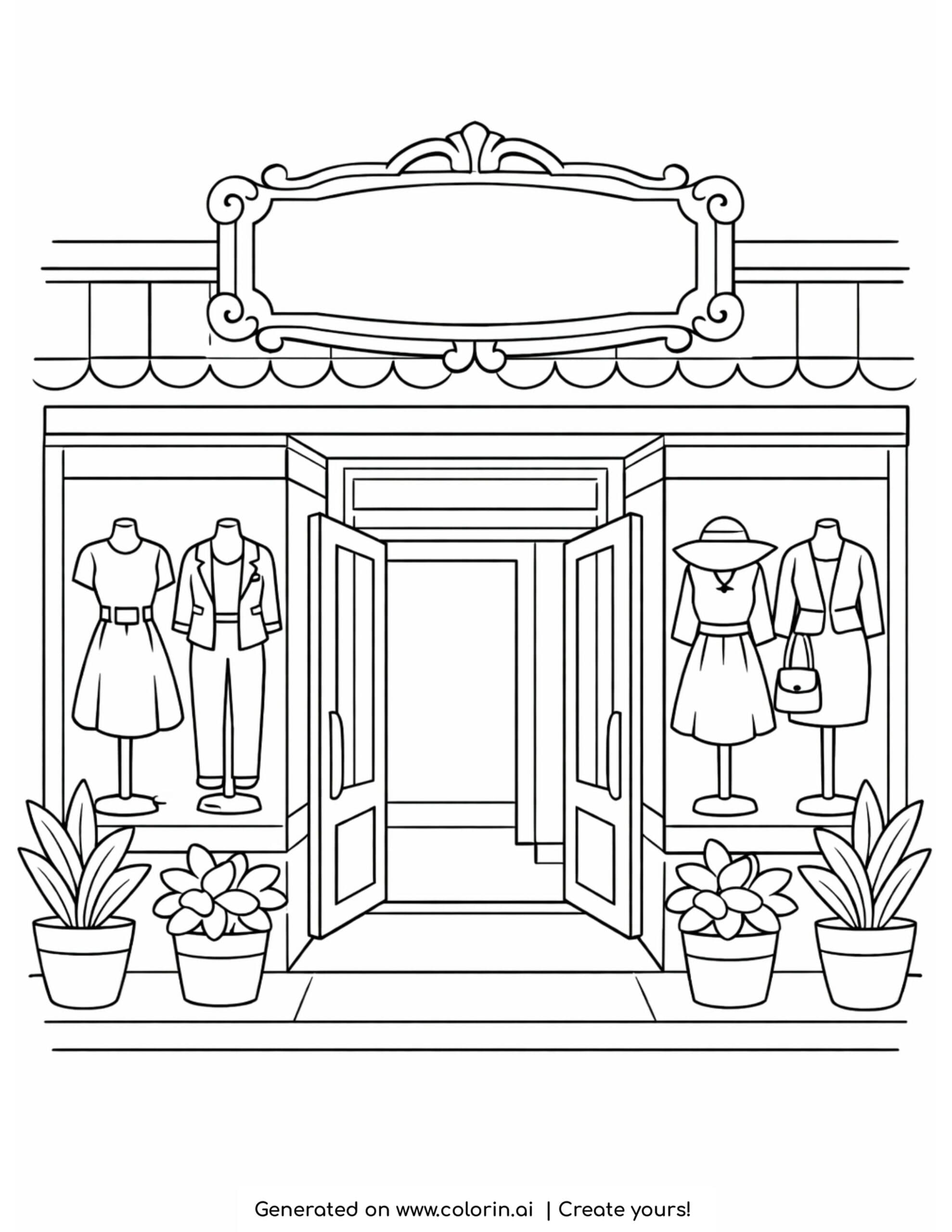 fashion boutique storefront with window displays coloring page with mannequins and plants