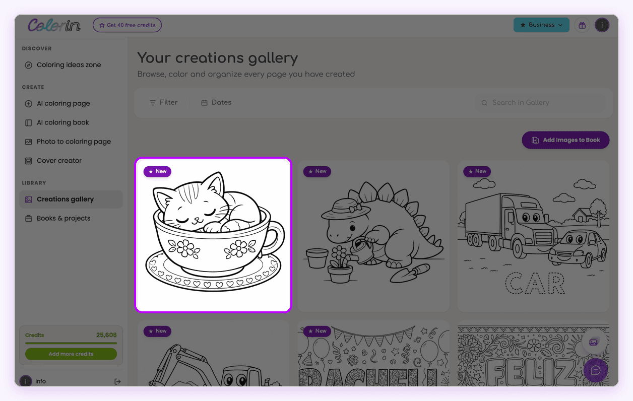 A kitten sleeping in a teacup coloring page in the Colorin AI gallery