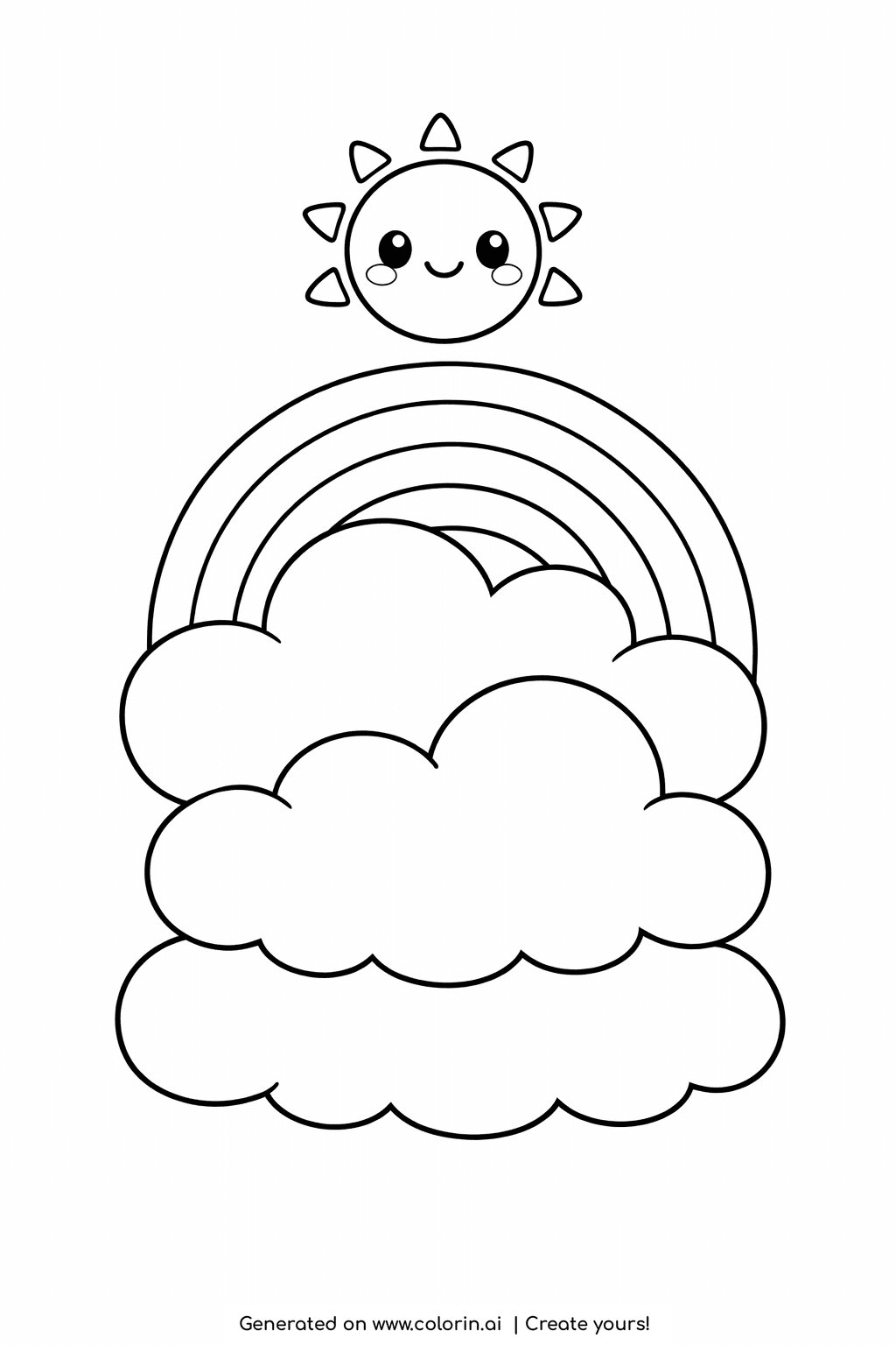 rainbow coloring pages for kids, a shy little rainbow poking out from behind a stack of round fluffy clouds, with a tiny sun peeking above