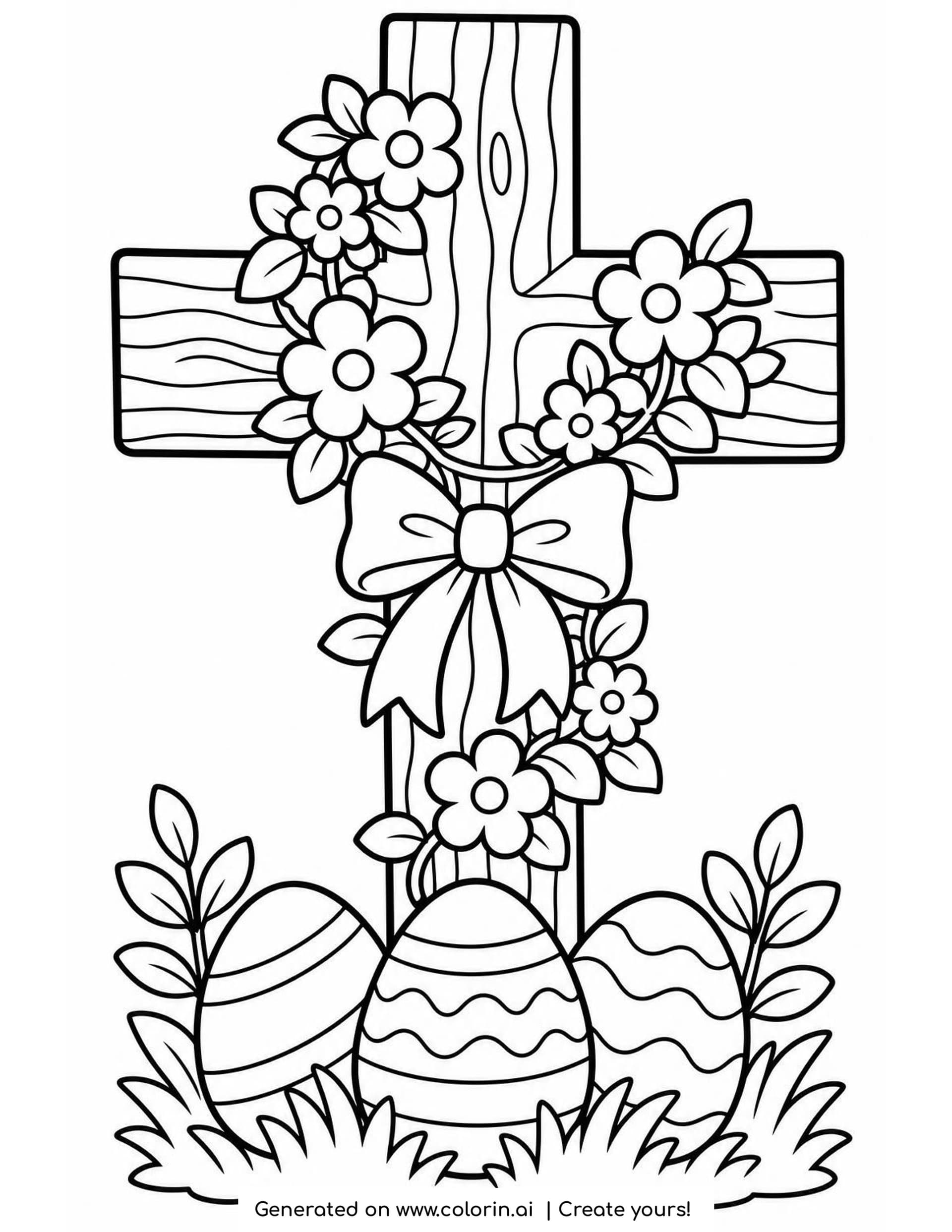 Easter cross coloring page of a wooden cross wrapped in a garland of flowers with a ribbon bow, and three decorated Easter eggs in the grass at its base