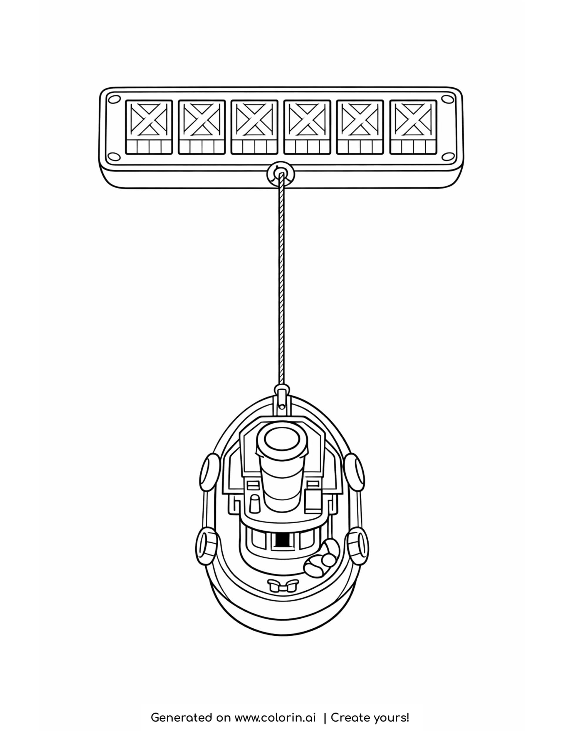 tugboat and barge coloring pages - a tugboat seen from above towing a long flat barge loaded with six crates on a tow line