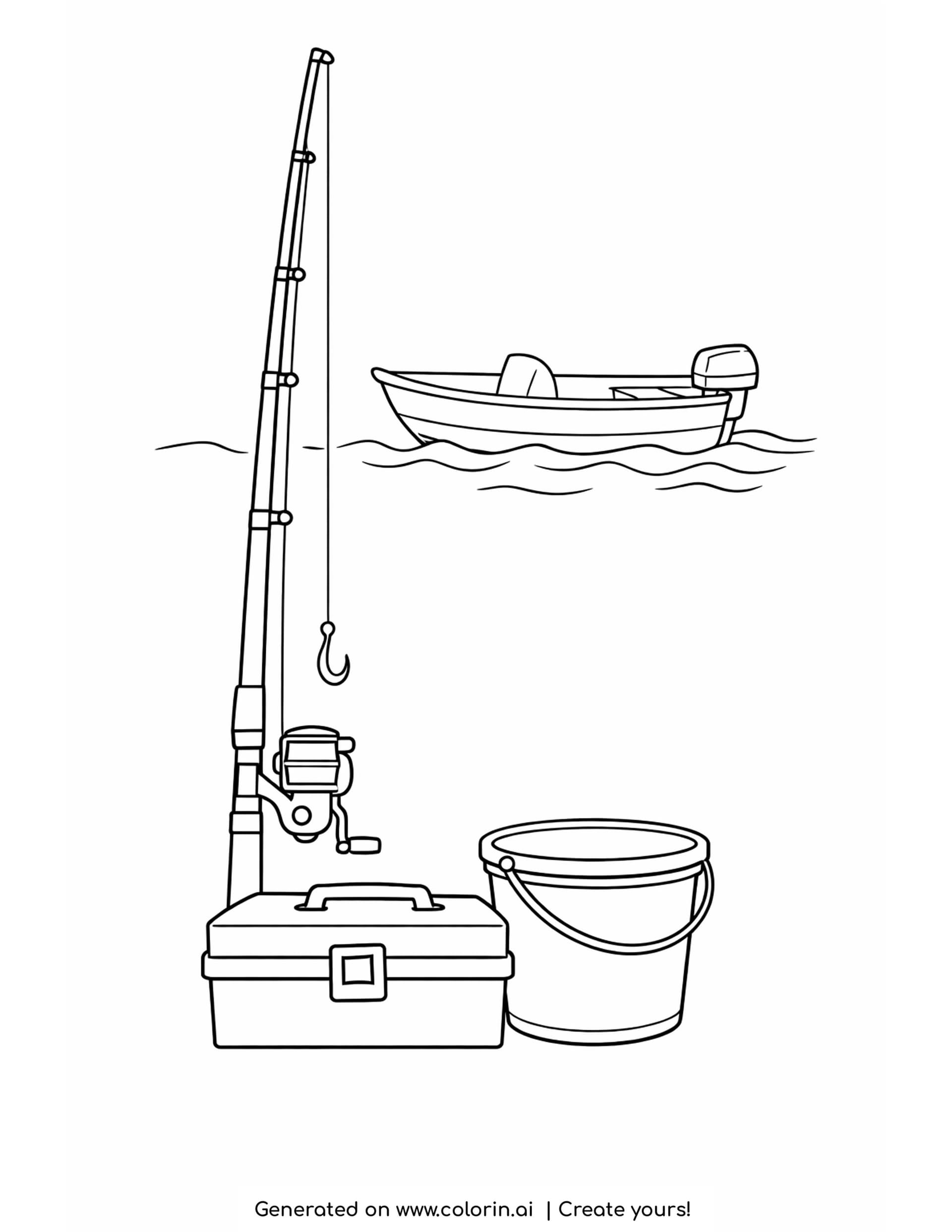 fishing rod coloring pages - a tall fishing rod with a spinning reel and a hook, a latched tackle box, a bucket and a small motorboat above