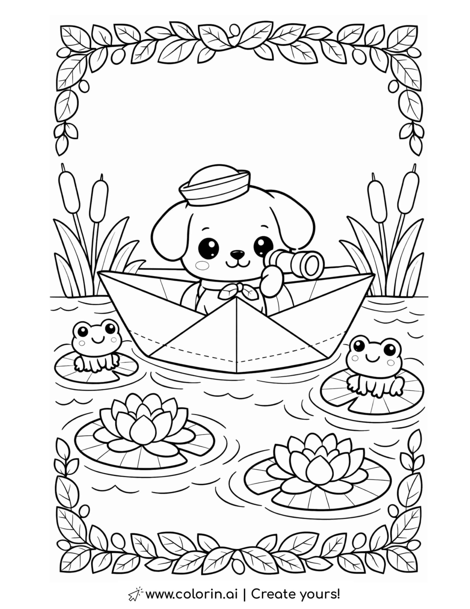 puppy sailing a paper boat coloring page with frogs lily pads and pond plants