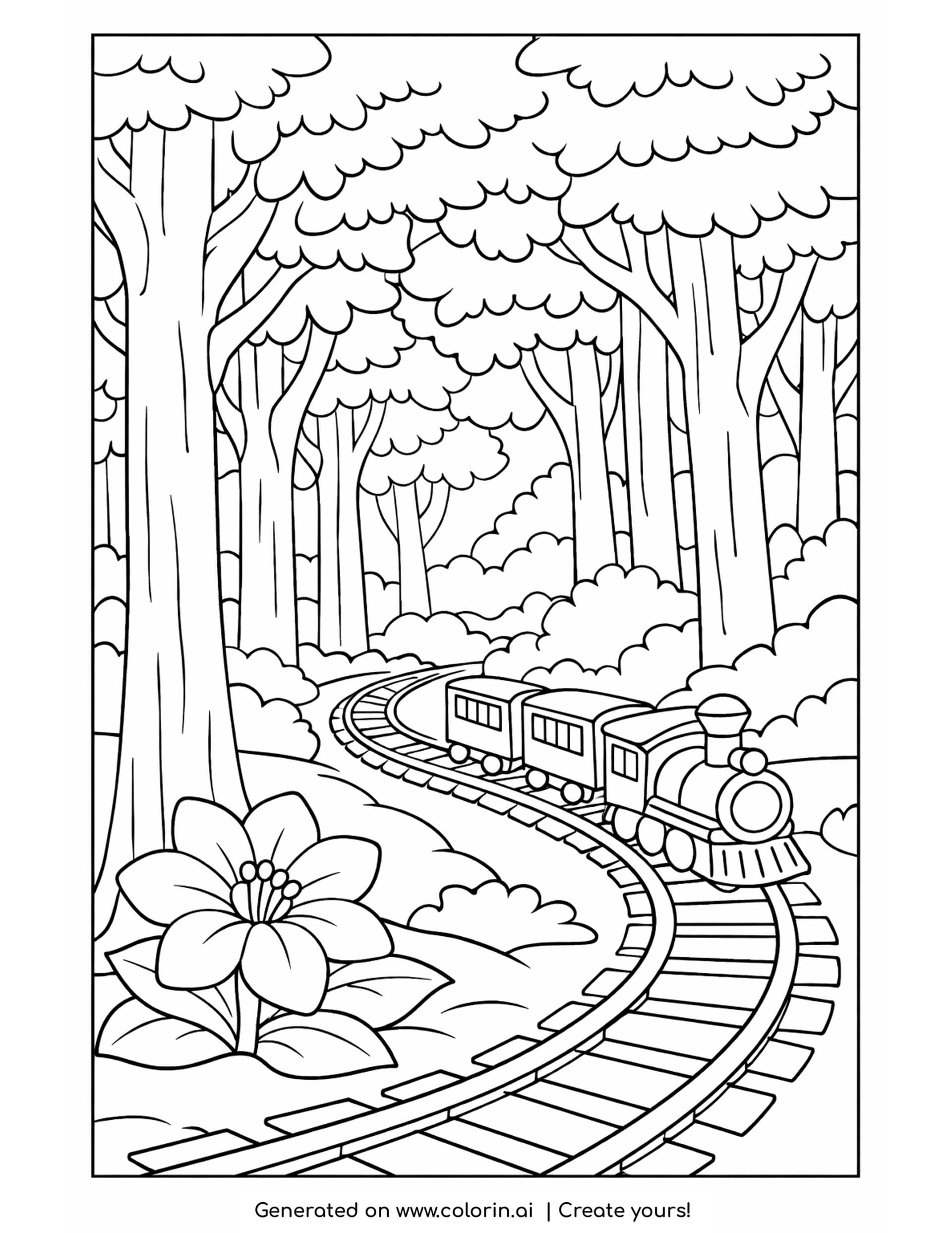 forest coloring pages: tall tree trunks with layered canopies, a large lily in front and a train on a curving track