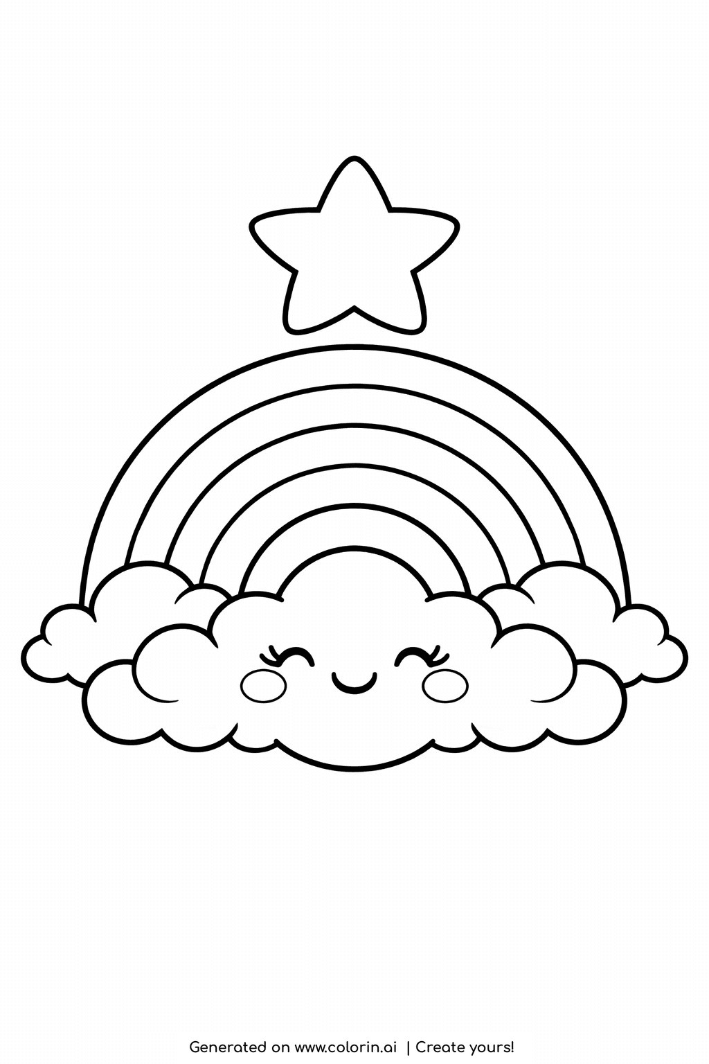 coloring pages for kids rainbow, one bold rainbow arch resting on a single big smiling cloud