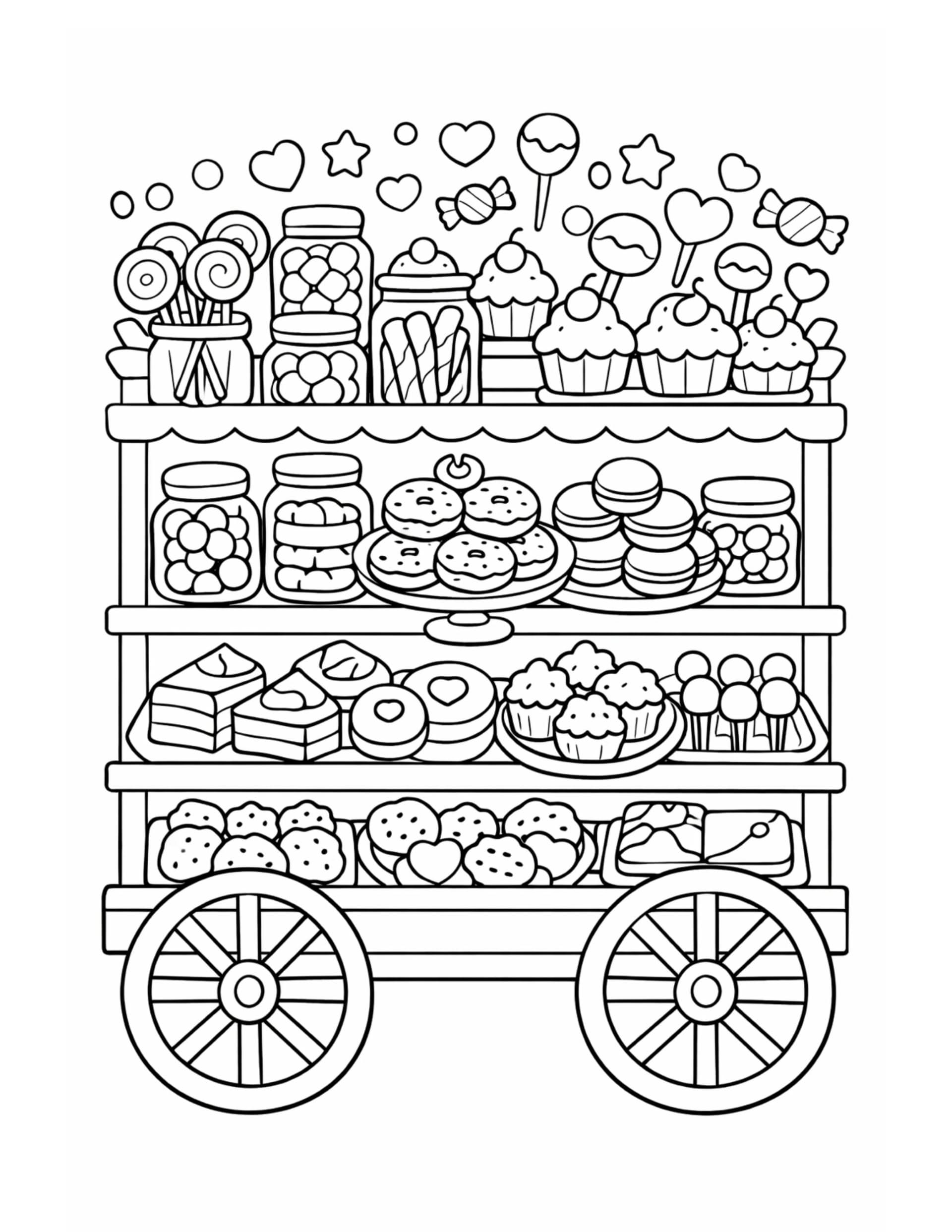 sweet candy cart display coloring page with a wheeled dessert cart, jars, cupcakes, donuts, and lollipops coloring page