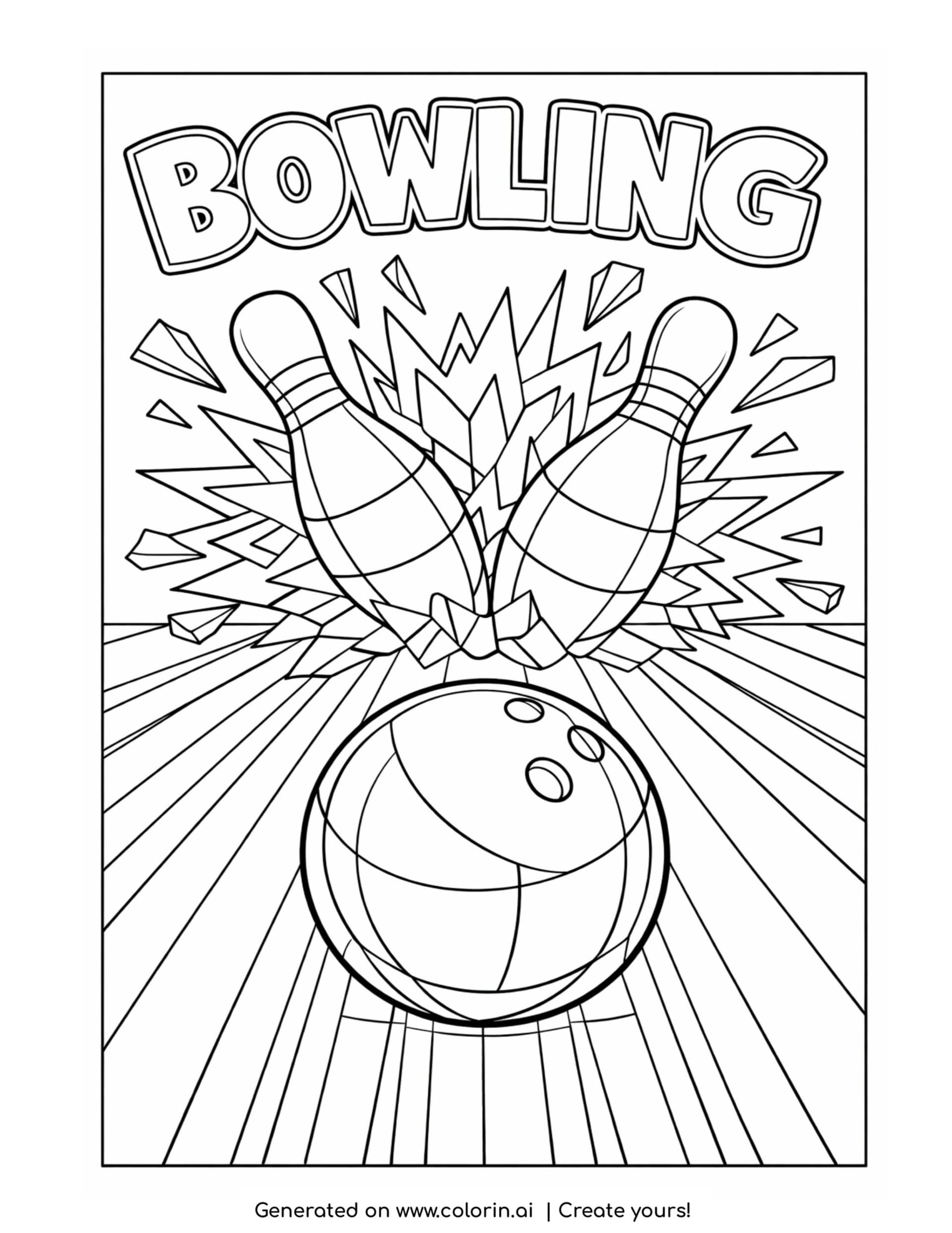 bowling ball hitting pins coloring page with pins bursting on impact