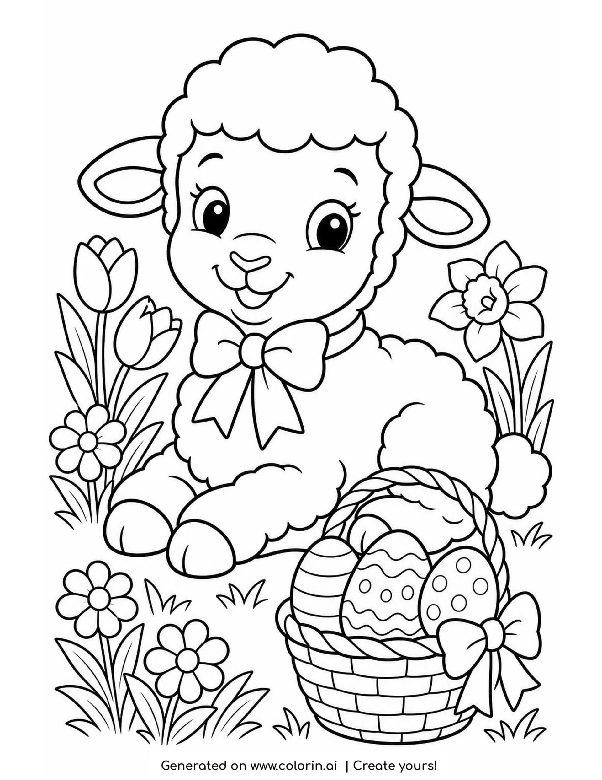 Easter lamb coloring page of a smiling lamb with a bow at its neck lying in the grass beside a small basket of decorated eggs and spring flowers